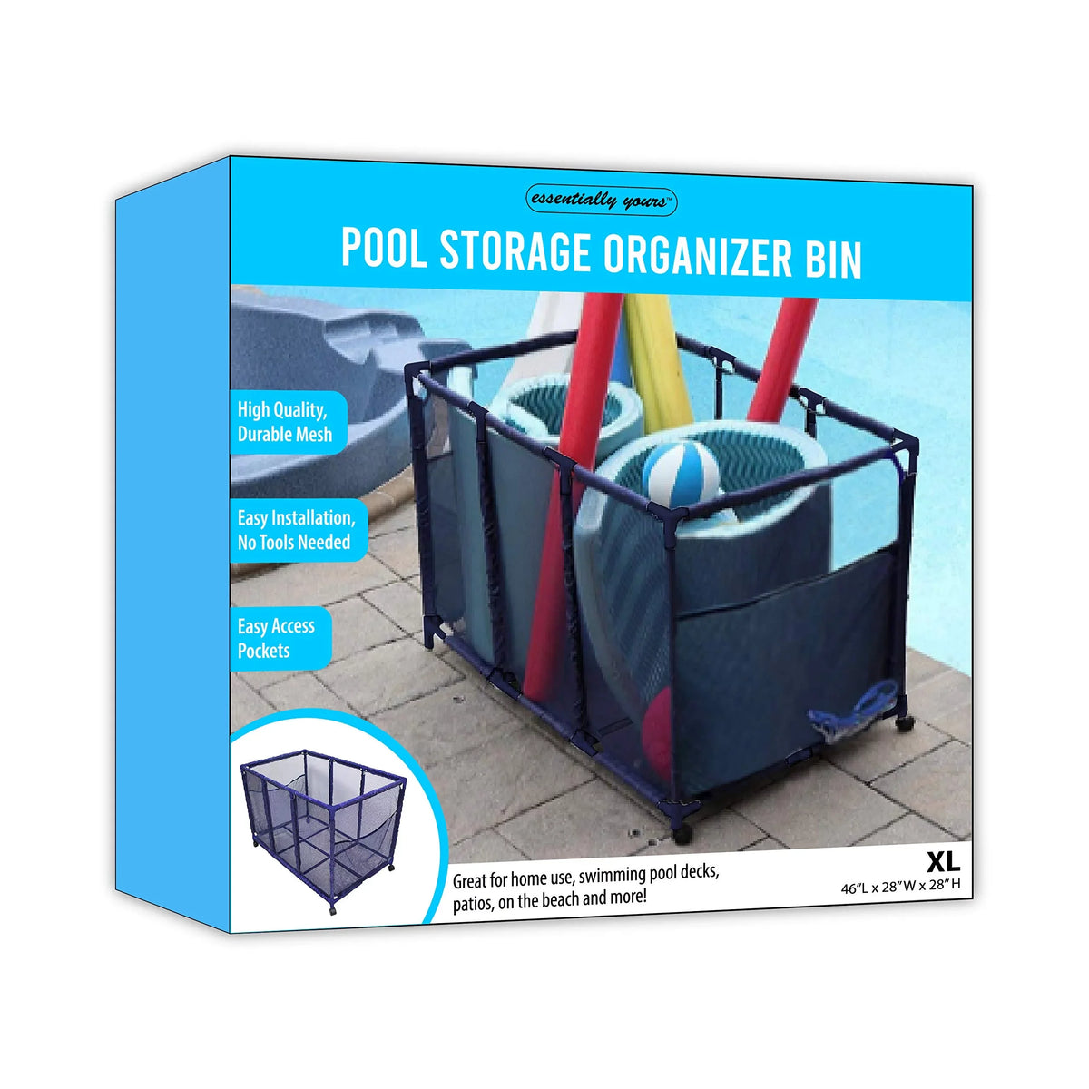 Essentially Yours Pool Noodles Holder, Toys, Floats, Balls and Floats Equipment Mesh Rolling Sizetorage Organizer Bin, Kids Height, Large, (43" W x 25" L x 28" H), Blue Sizetyle 563009