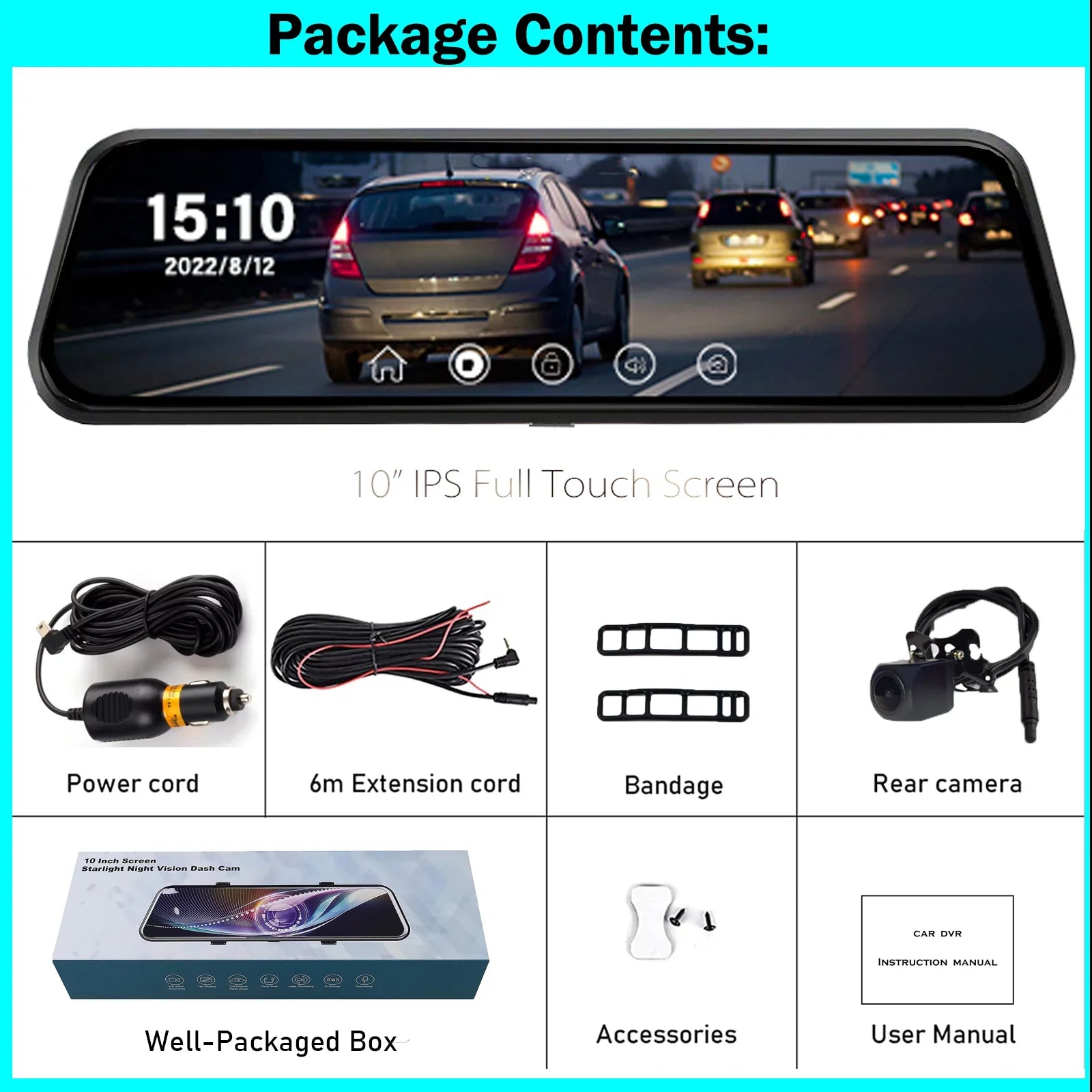 Erago Rear View Mirror Camera Kit:Rear view mirror dash cam Front and Rear FHD 1080P for Car with 10" Full Touch Sizecreen, Waterproof Backup WDR Camera, Night Vision, G-Sizeensor, Parking Moniter