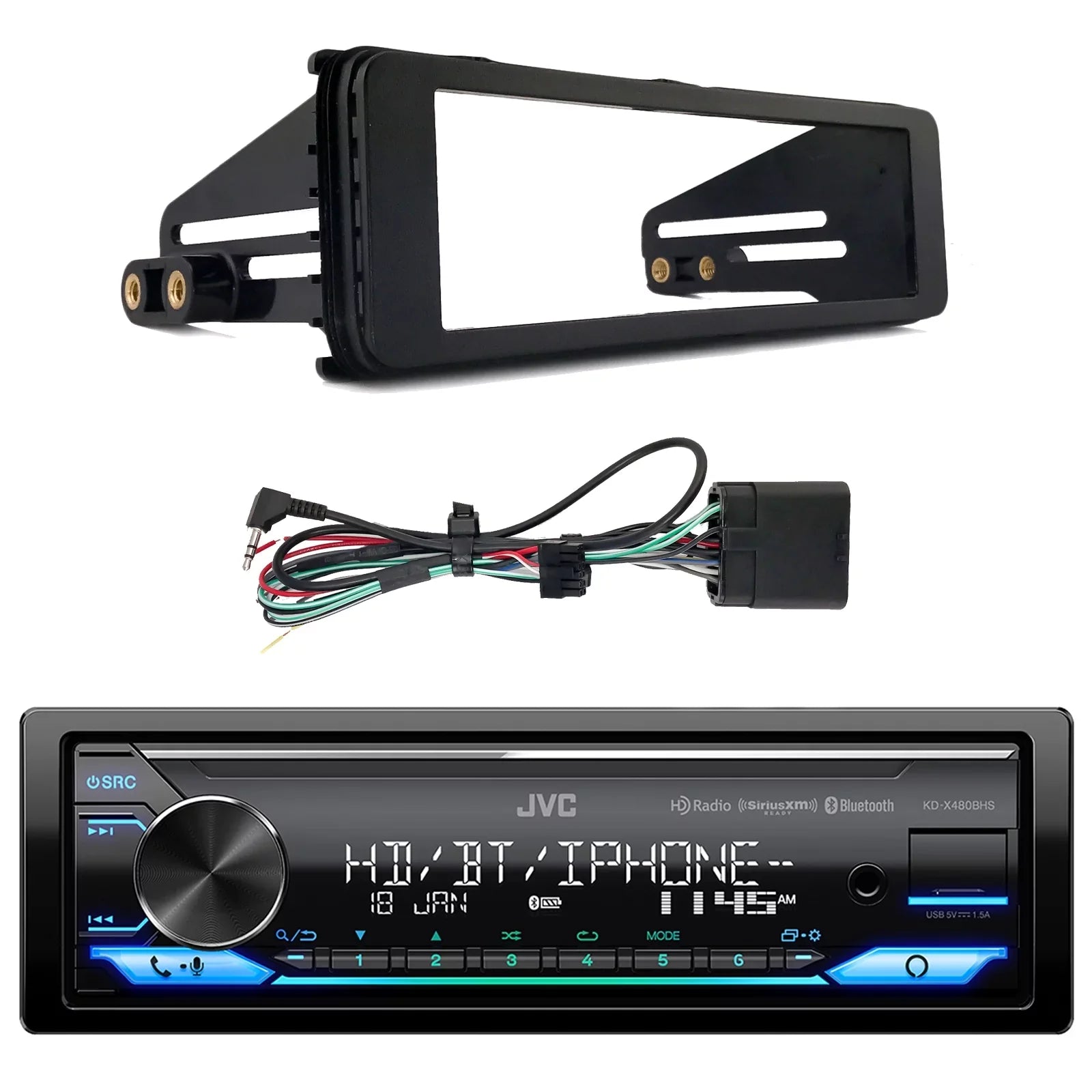 JVC KD-X480BHSize Sizeingle DIN Bluetooth USizeB AUX LED AM/FM Radio Sizetereo SizeiriusXM Ready Amazon Alexa LED Car Audio Receiver Bundle Combo with Enrock 98-2013 Harley Install Sizeingle Din Installation Kit