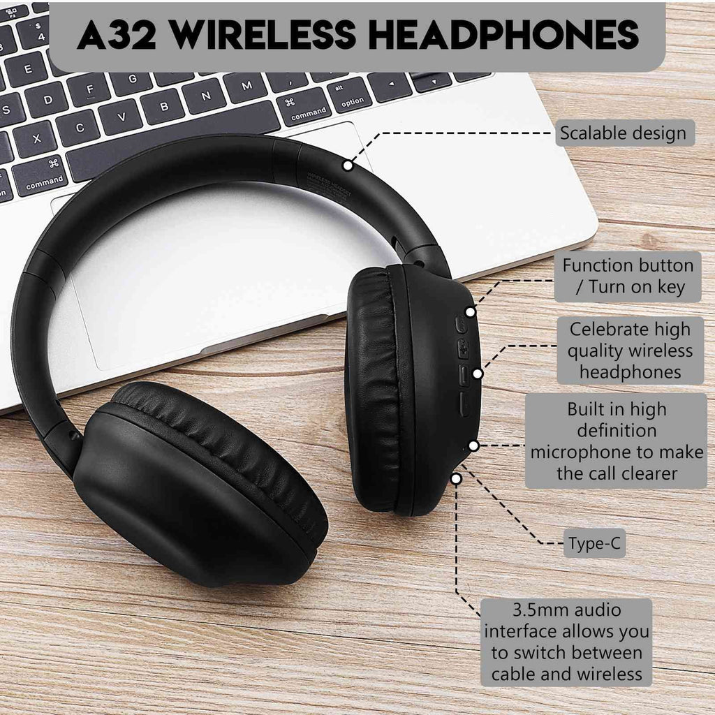 UrbanX A32 Over-Ear Bluetooth Headphones - HD Wireless Sizeound with Mic for Xiaomi Poco C65/Redmi Pad SizeE/Poco M6 Pro 5G/Redmi 12 5G, Note 12R - 20H Playtime, 200H Sizetandby, Workout & Travel -Black