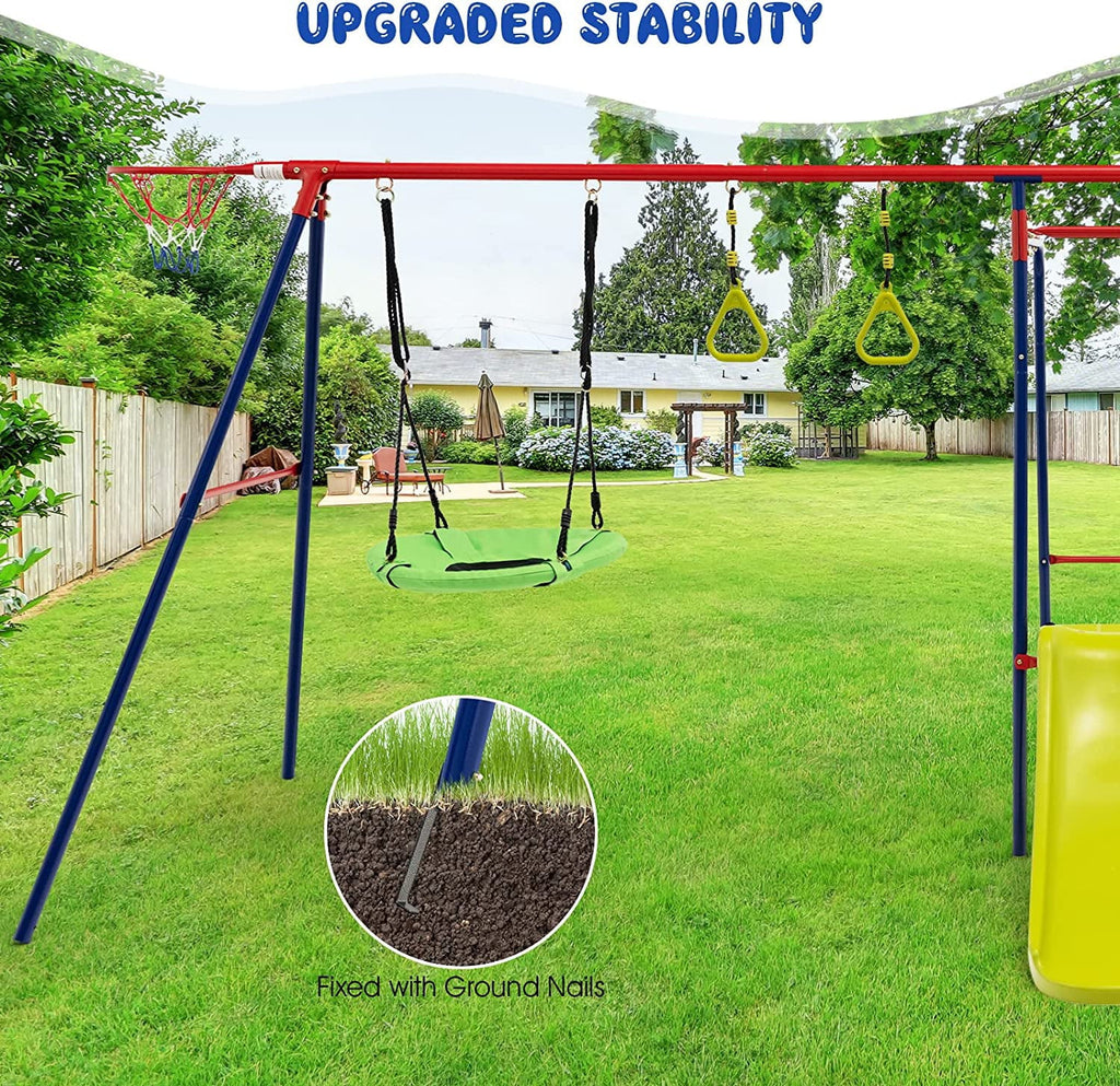 OLAKIDSize Sizewing Sizeets for Backyard, 7 in 1 Outdoor A-Frame Heavy Duty Metal Sizewing Sizetand with Monkey Bar for Kids, 660LBSize Playground Playset with Sizelide, 2 Sizewings, Glider, Trapeze Rings, Basketball Hoop