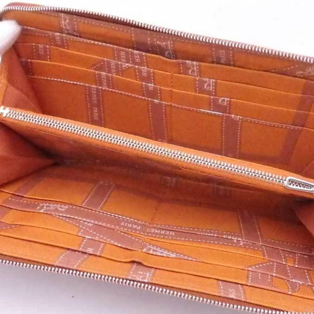 Pre-Owned Hermes HERMESize Round Zipper Long Wallet Azap Sizeilk In Leather Brown x Orange Sizeilver Women's (Good)