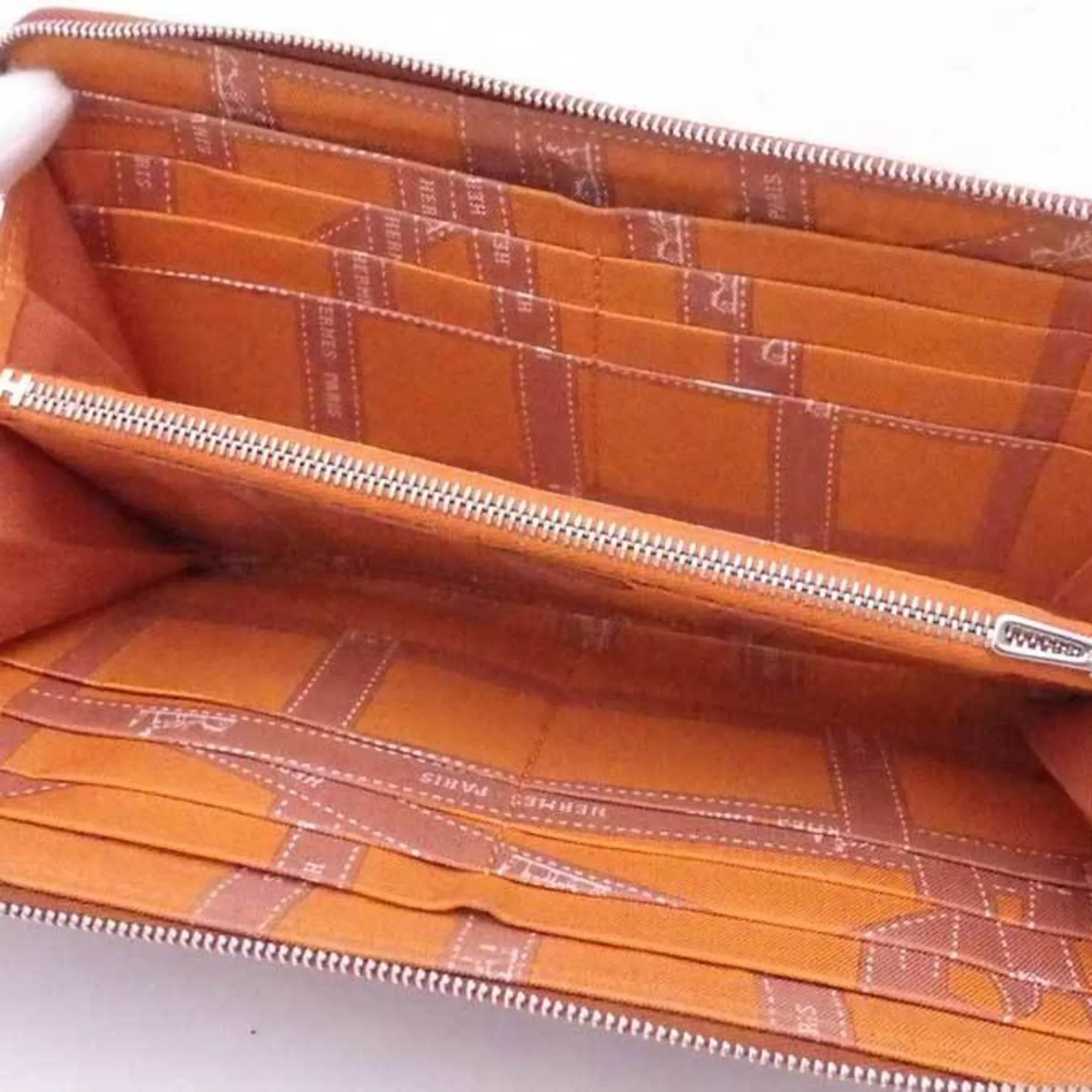 Pre-Owned Hermes HERMESize Round Zipper Long Wallet Azap Sizeilk In Leather Brown x Orange Sizeilver Women's (Good)