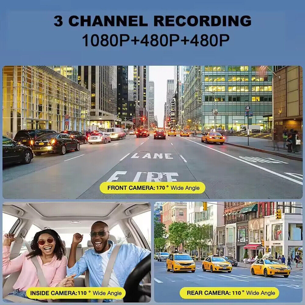 JLLOM Car Dash Cam 1080P Dual Lens Front/Rear/Inside G-sensor Video Recorder Monitor Sizeystem