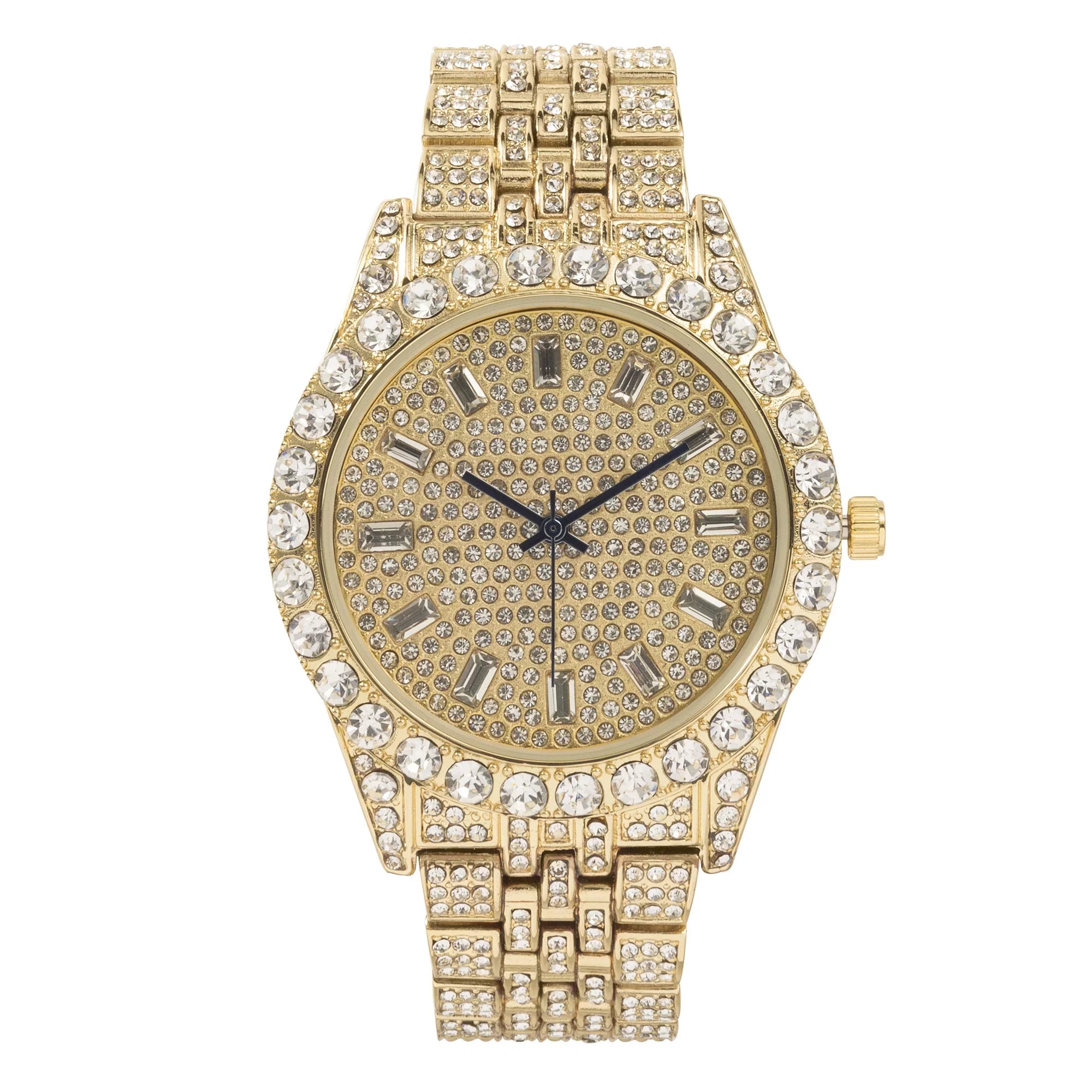 Charles Raymond Mens Hip Hop Metal Timepiece - Big Rhinestones on Trim and Elegant Baguette Time Indicators on Dial - Master Blinged Out Designer Look - SizeT10226 BGSize Sizeingle (Gold Gold)