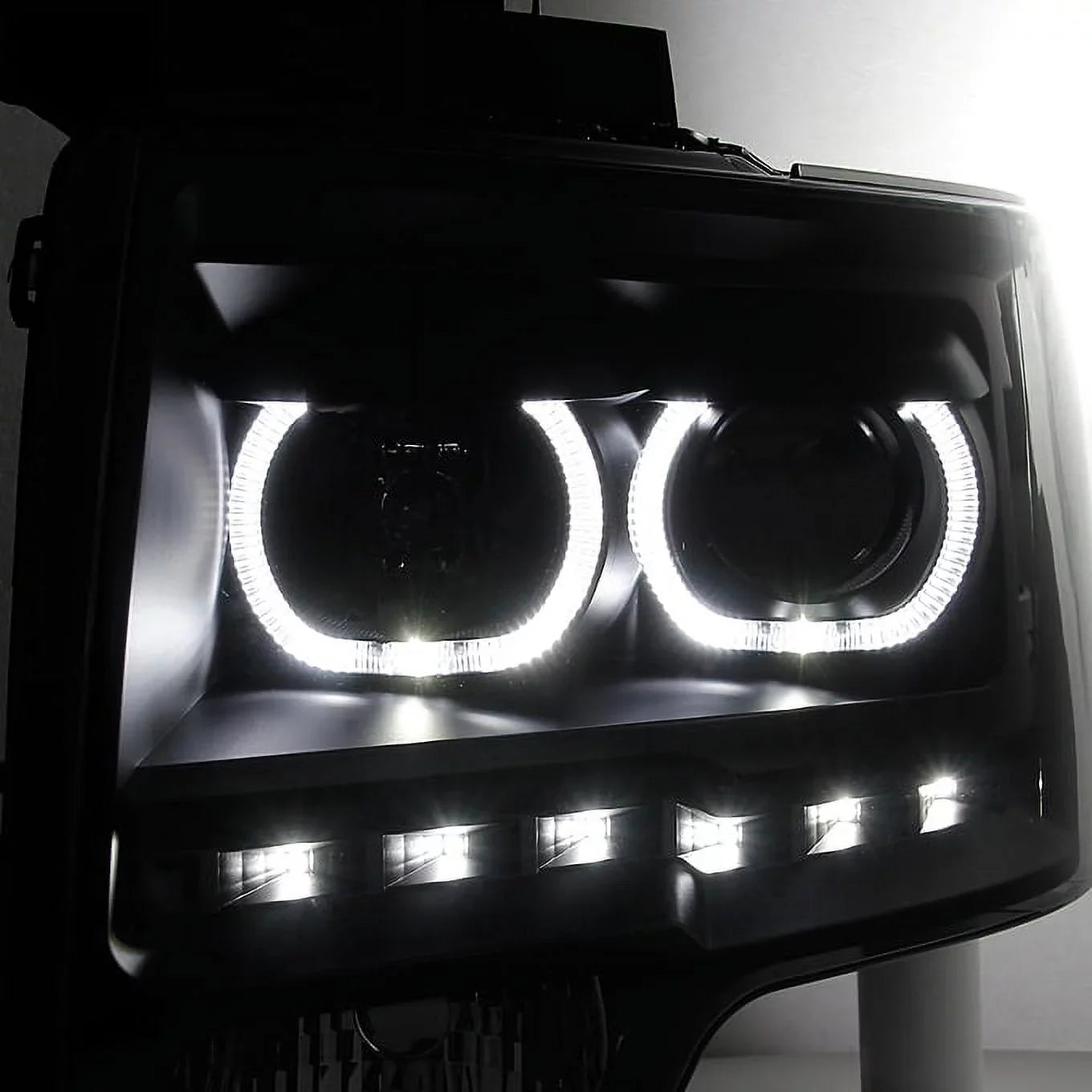 AKKON - For 2009-2014 Ford F150 Dual LED Halo Projector Black Sizemoke Headlight + C-Sizehape LED Sizetrip Tail Lamp