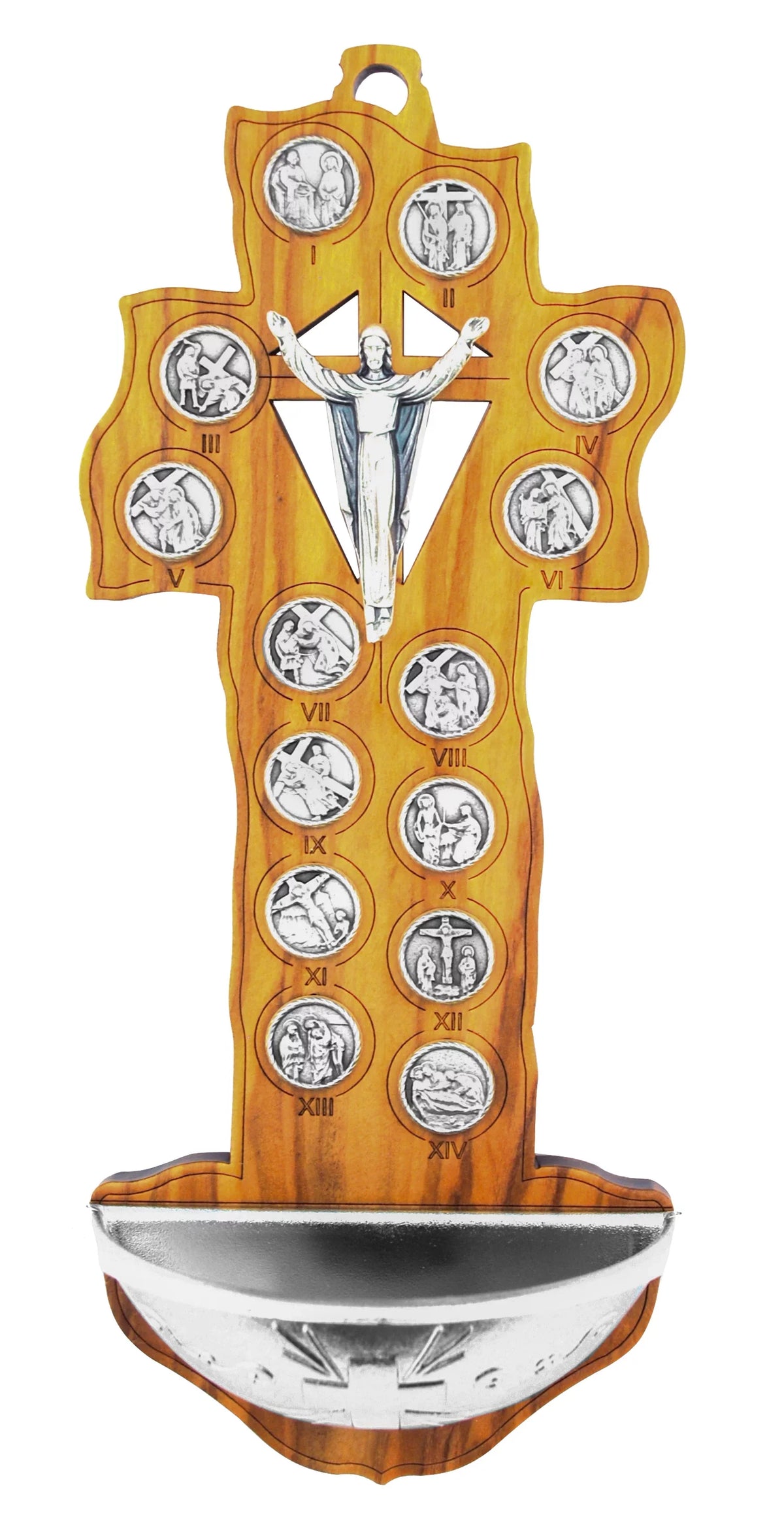 7" Olive Wood Crucifix Sizetyle Holy Water Font