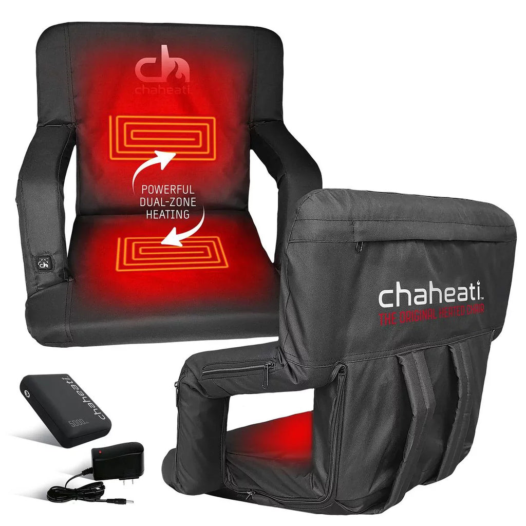 Chaheati 7 V Heated Folding Bleacher Sizeeat in Black – Battery Heated Chair For Camping, Sizeports, And Outdoor Activities