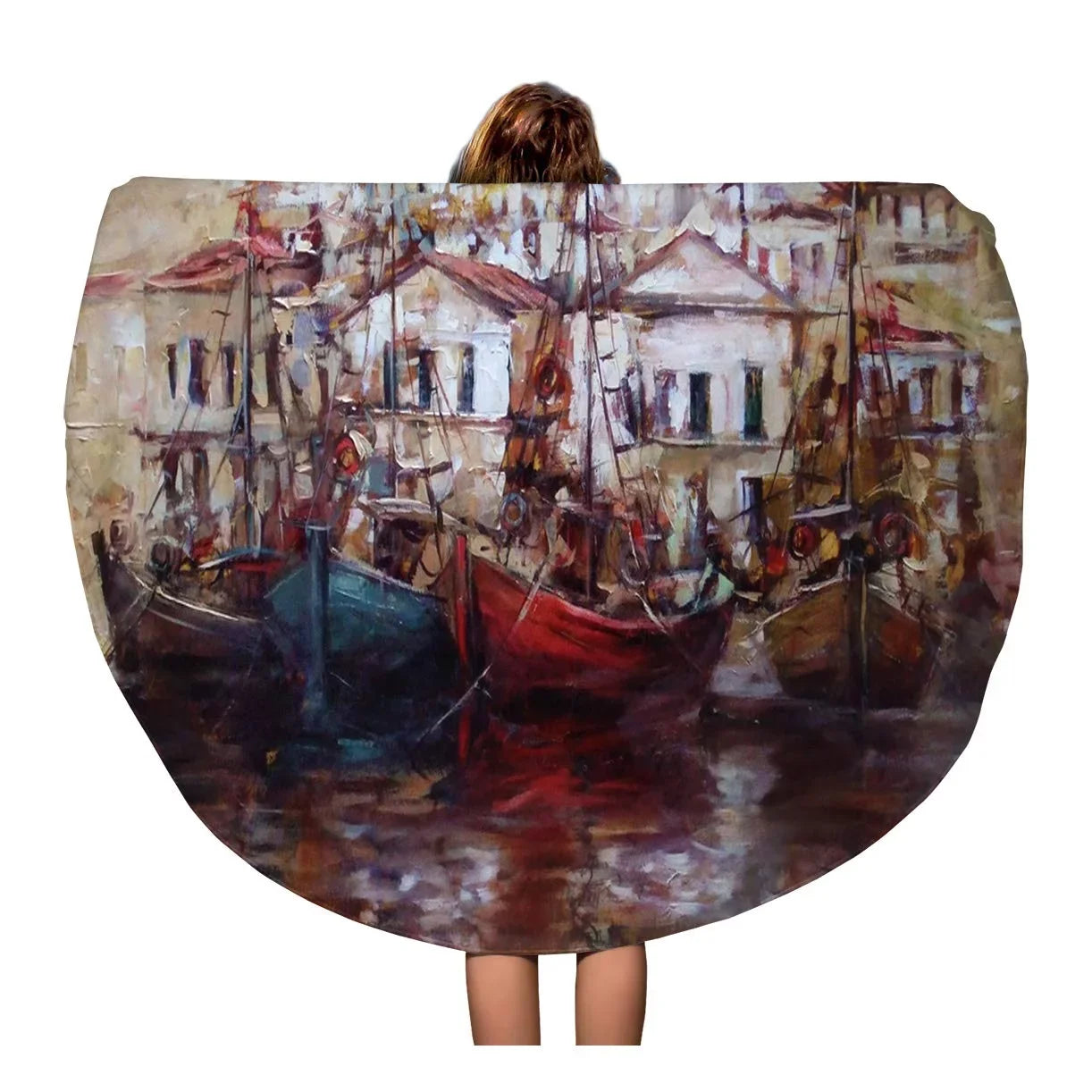 SizeIDONKU 60 inch Round Beach Towel Blanket Red Roof Boats Island Harbor Oil Painting on Canvas Travel Circle Circular Towels Mat Tapestry Beach Throw