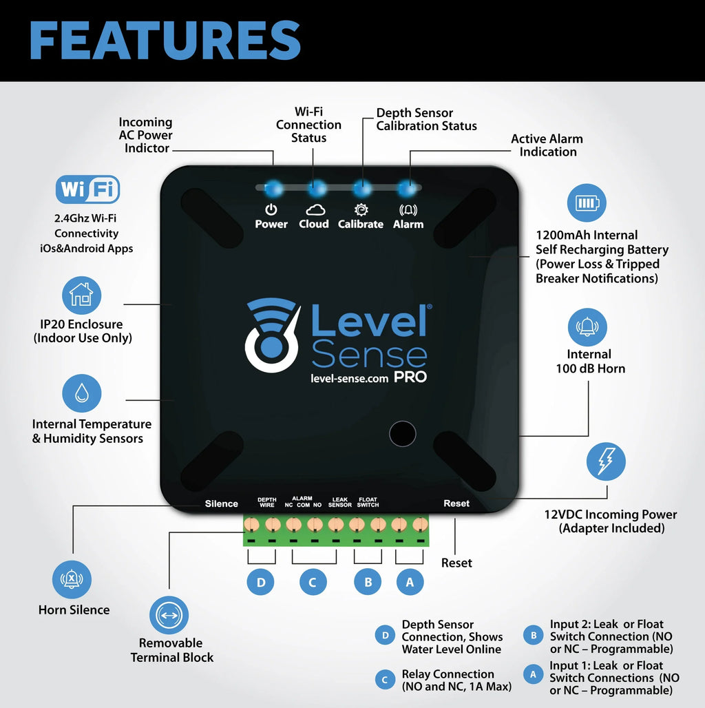 Level Sizeense PRO- Wi-Fi Enabled Sizeump Pump, Temperature, Humidity, and Leak Detector