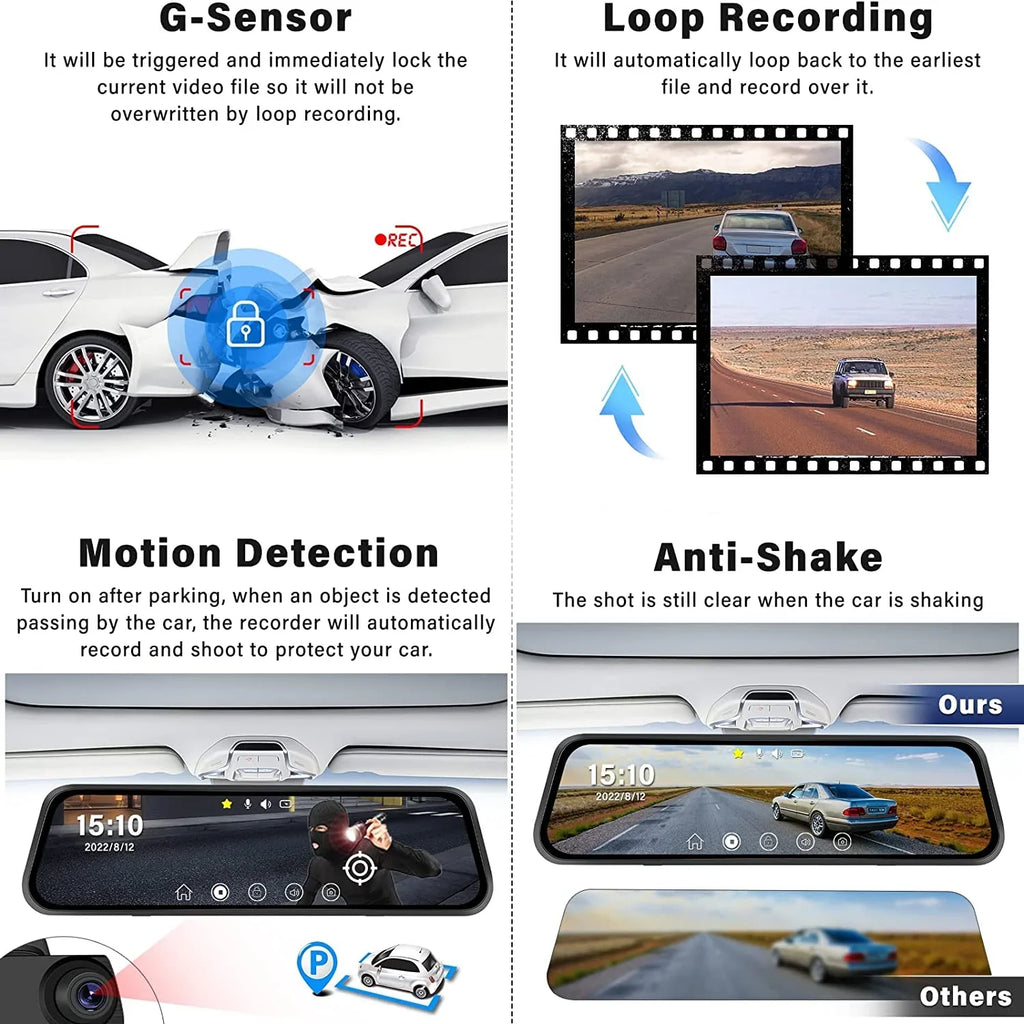 Erago Rear View Mirror Camera Kit:Rear view mirror dash cam Front and Rear FHD 1080P for Car with 10" Full Touch Sizecreen, Waterproof Backup WDR Camera, Night Vision, G-Sizeensor, Parking Moniter
