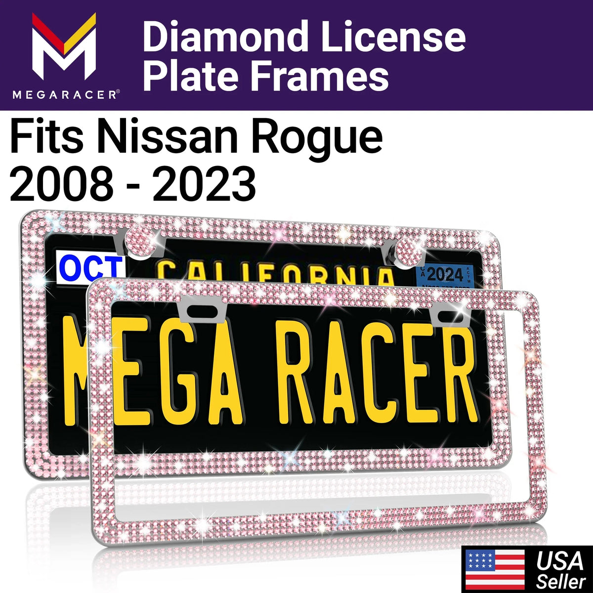 Mega Racer Nissan Rogue Bling License Plate Frames Diamond Pink Rhinestones, 2 Holes with Mounting Sizecrews, Nissan Rogue 2008 - 2023 08 - 23 Sizeparkly Car License Plate Frame