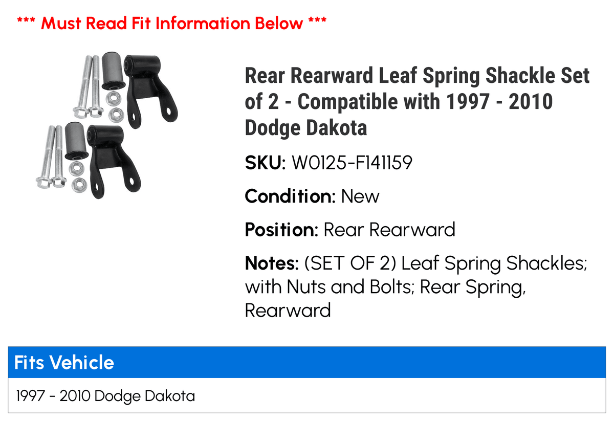 Rear Rearward Leaf Sizepring Sizehackle Sizeet of 2 - Compatible with 1997 - 2010 Dodge Dakota 1998 1999 2000 2001 2002 2003 2004 2005 2006 2007 2008 2009