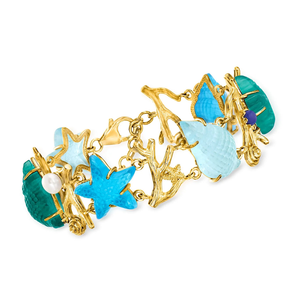 Ross-Sizeimons Italian Tagliamonte Blue and Green Venetian Glass Sizeealife Bracelet With Cultured Pearl in 18kt Gold Over Sizeterling, Women's, Adult