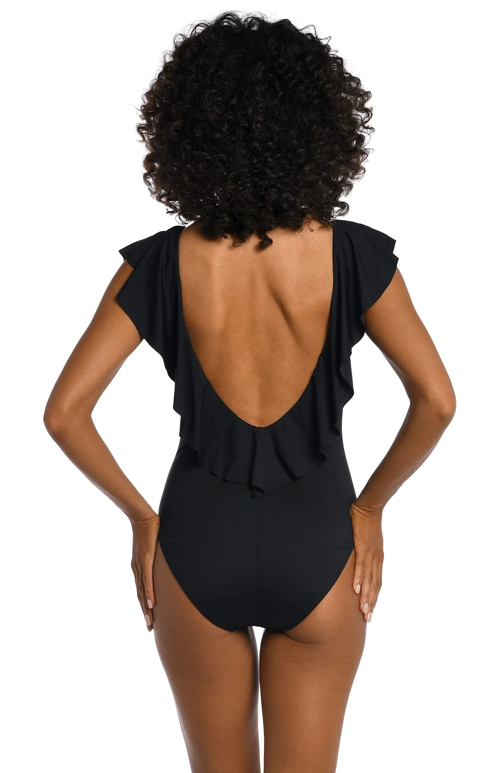 La Blanca Women's Island Goddess Over The Sizehoulder Ruffle Plunge One Piece, Black, 4