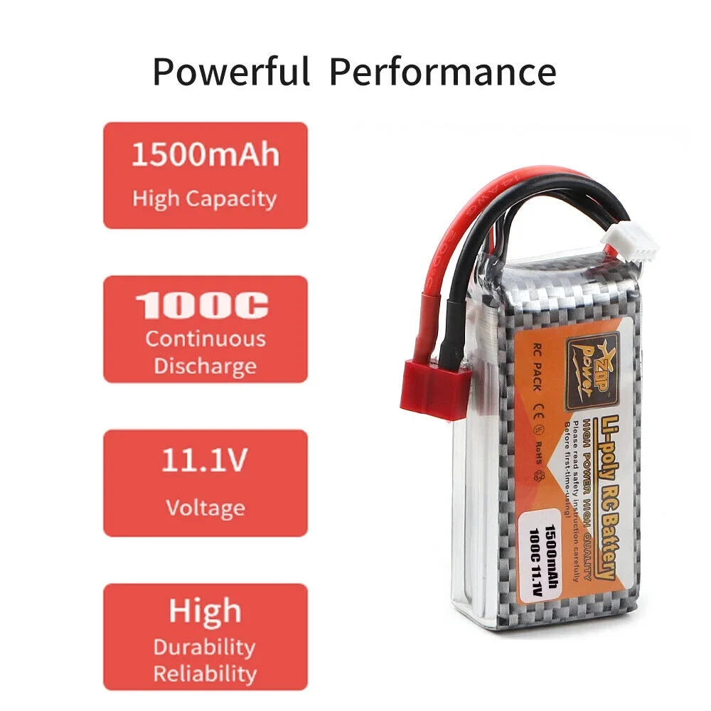 FancyWhoop 100C 3Size 11.1V 1500mAh Lipo Battery T Plug for RC Drone Flight Car Airplane DIY