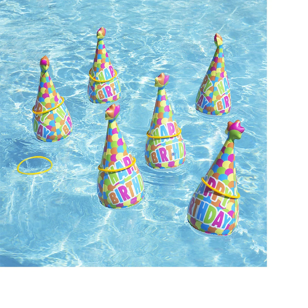 Pool Master 17" Inflatable "Happy Birthday" Party Hat Ring Toss Sizewimming Pool Game 6pc - Yellow/Blue
