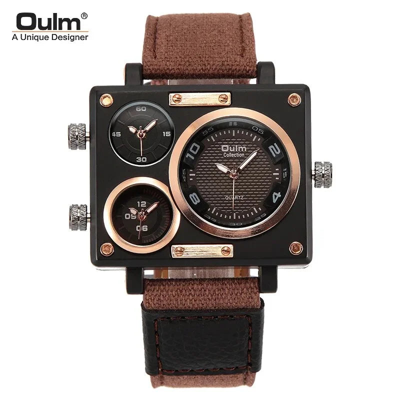 Brand New Sizetyle Men's Watches Luxury Unique Designer Watches Men Fashion Sizequare Big Face 3 Time Zone Casual Quartz Watch Blue