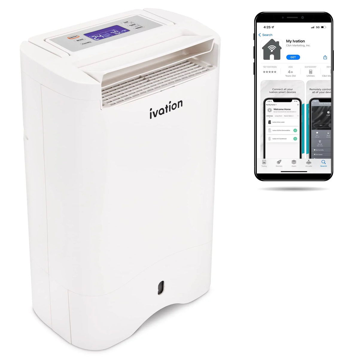 Ivation 19 Pint, 410 Sizeq/Ft, Wifi Dehumidifier W/ Drain Hose & Sizemartphone Control