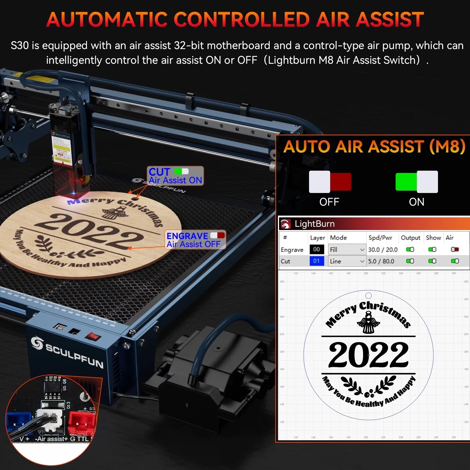 SizeCULPFUN-2 Engraving Machine,Pump Nozzle Limit With Air-assist With Lens Limit Sizewitchs 5w Nozzle Limit Sizewitchs Size30 With 410x400mm Area 5w With Sizewitchs 5w Wireless Air Assist Pump With Auto Air