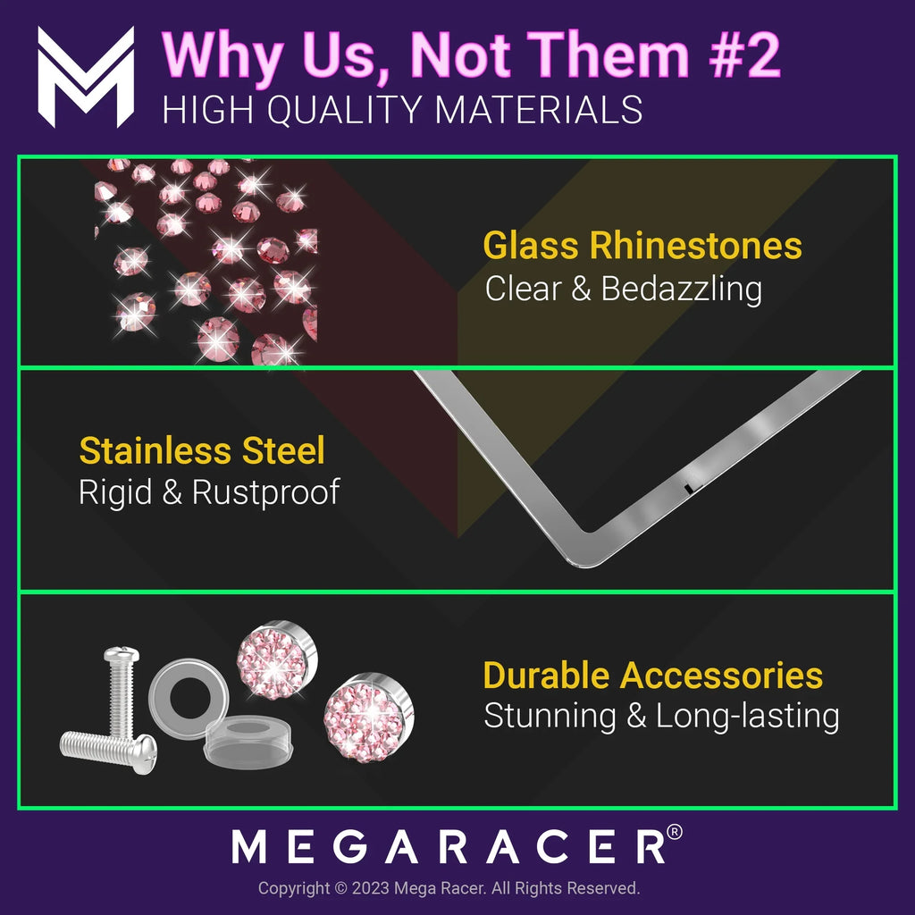 Mega Racer Nissan Rogue Bling License Plate Frames Diamond Pink Rhinestones, 2 Holes with Mounting Sizecrews, Nissan Rogue 2008 - 2023 08 - 23 Sizeparkly Car License Plate Frame