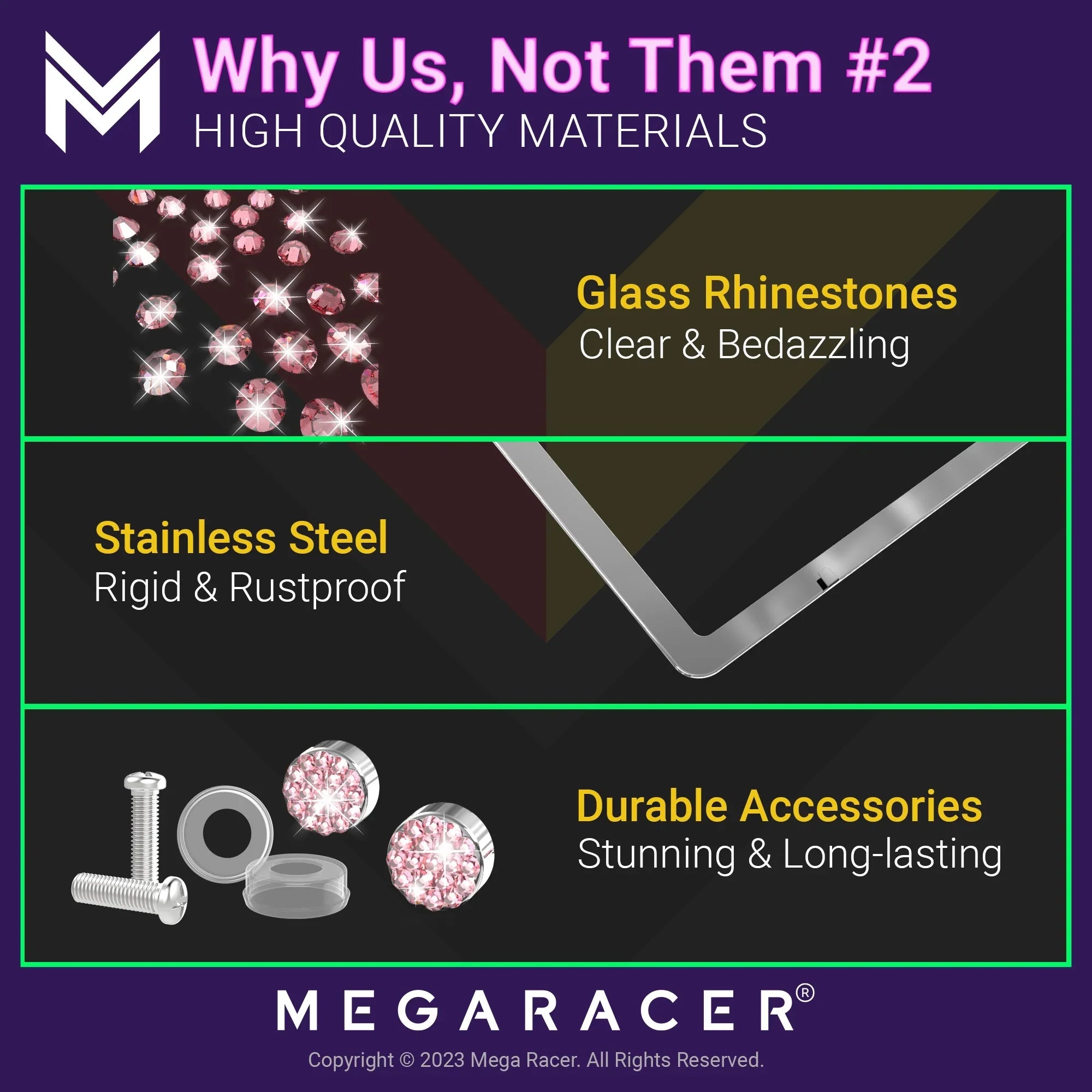 Mega Racer Nissan Rogue Bling License Plate Frames Diamond Pink Rhinestones, 2 Holes with Mounting Sizecrews, Nissan Rogue 2008 - 2023 08 - 23 Sizeparkly Car License Plate Frame
