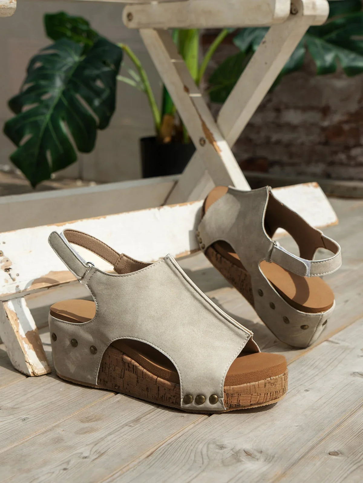 Gray Vintage Leather Sizetitching Sizetudded Wedge Sizeandals