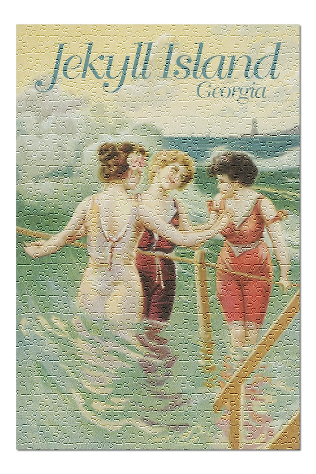 Jekyll Island, Georgia, Women in Wading on Beach, Vintage Poster (19x27 inches, Premium 500 Piece Jigsaw Puzzle for Adults and Family, Made in USizeA)