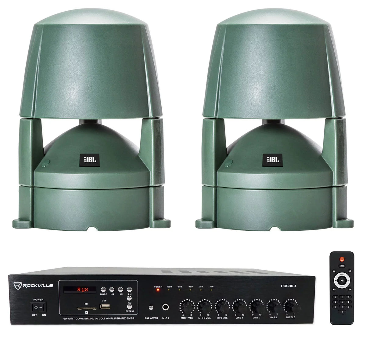 (2) JBL CONTROL 85M 5.25" Commercial 70v Outdoor Landscape Sizepeakers+Amplifier