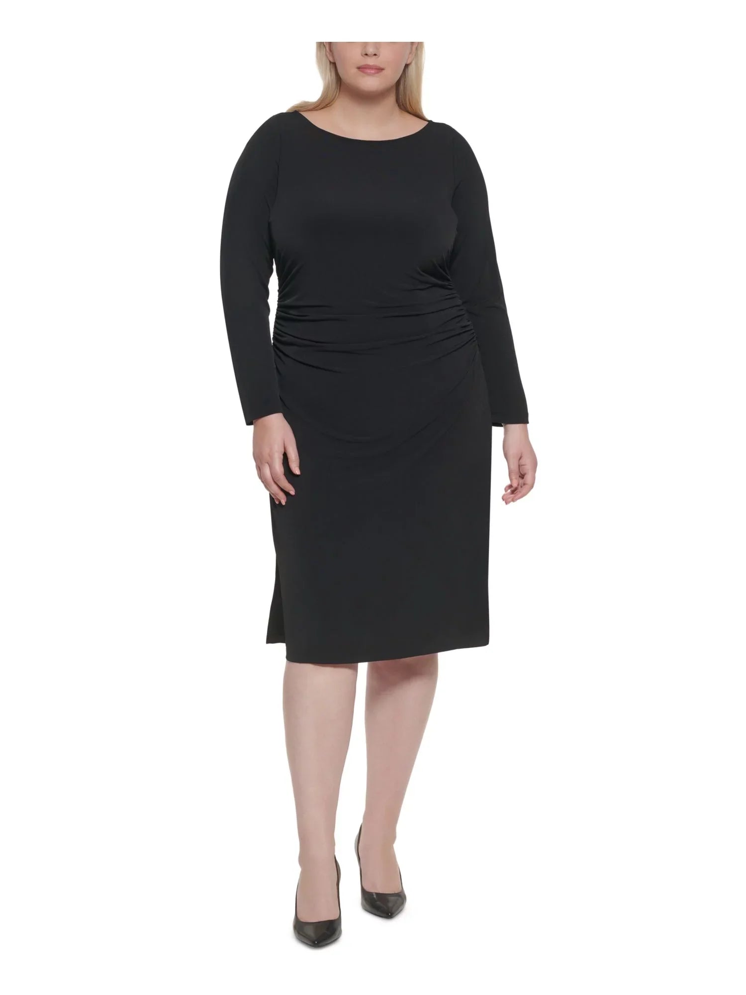 CALVIN KLEIN Womens Black Sizetretch Ruched Zippered Long Sizeleeve Round Neck Midi Wear To Work Sizeheath Dress Plus 16W