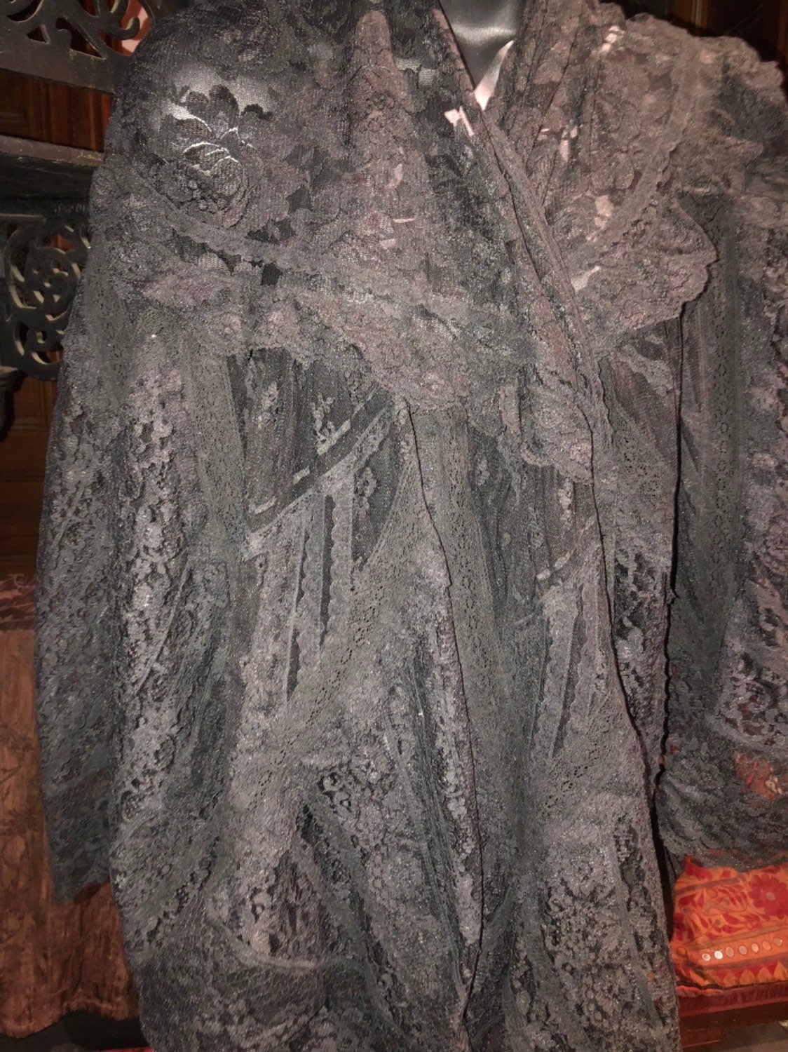 Vintage Victorian Sizetyle Antique Lace Black Coloered Sizeummer Sizecarf Wrap