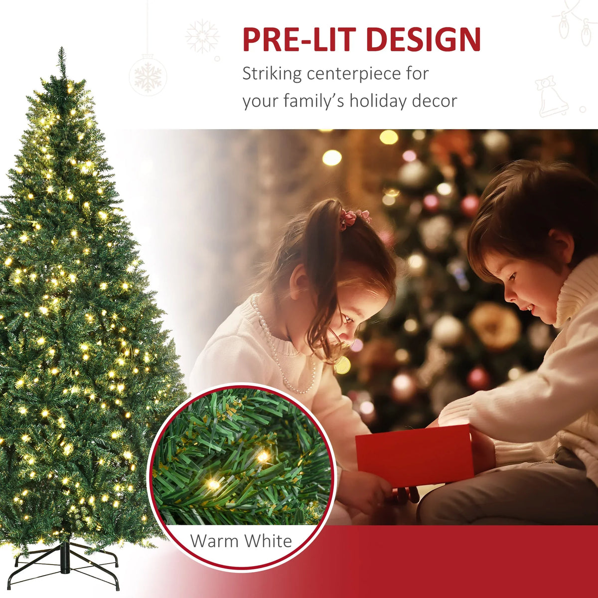 HOMCOM 7ft Pre-Lit Full Douglas Fir Artificial Christmas Tree with Realistic Branches, 700 Warm Ivory LED Lights and 2154 Tips