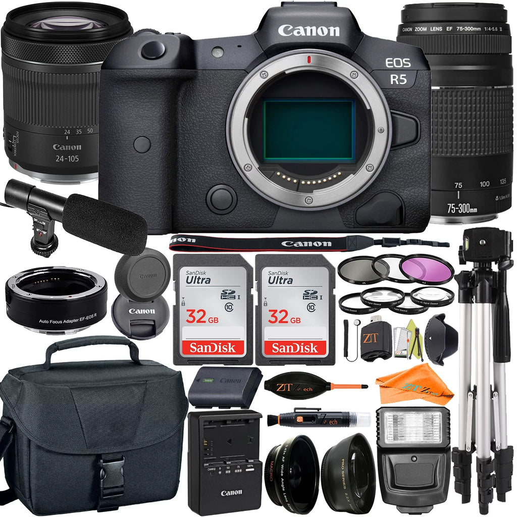 Canon EOSize R5 Mirrorless Camera with RF24-105mm + 75-300mm Lens + Mount Adapter + 2 Pack SizeanDisk 32GB + ZeeTech Accessory