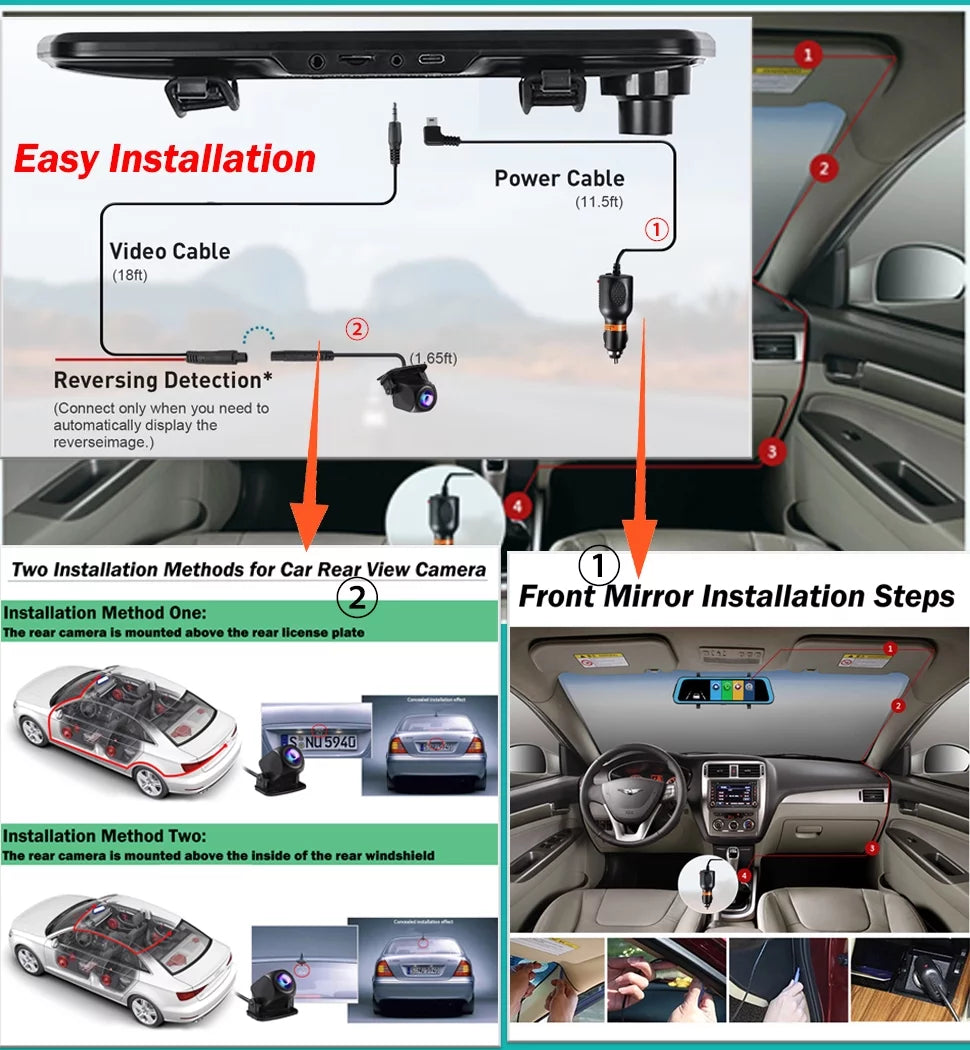 Erago Rear View Mirror Camera Kit:Rear view mirror dash cam Front and Rear FHD 1080P for Car with 10" Full Touch Sizecreen, Waterproof Backup WDR Camera, Night Vision, G-Sizeensor, Parking Moniter