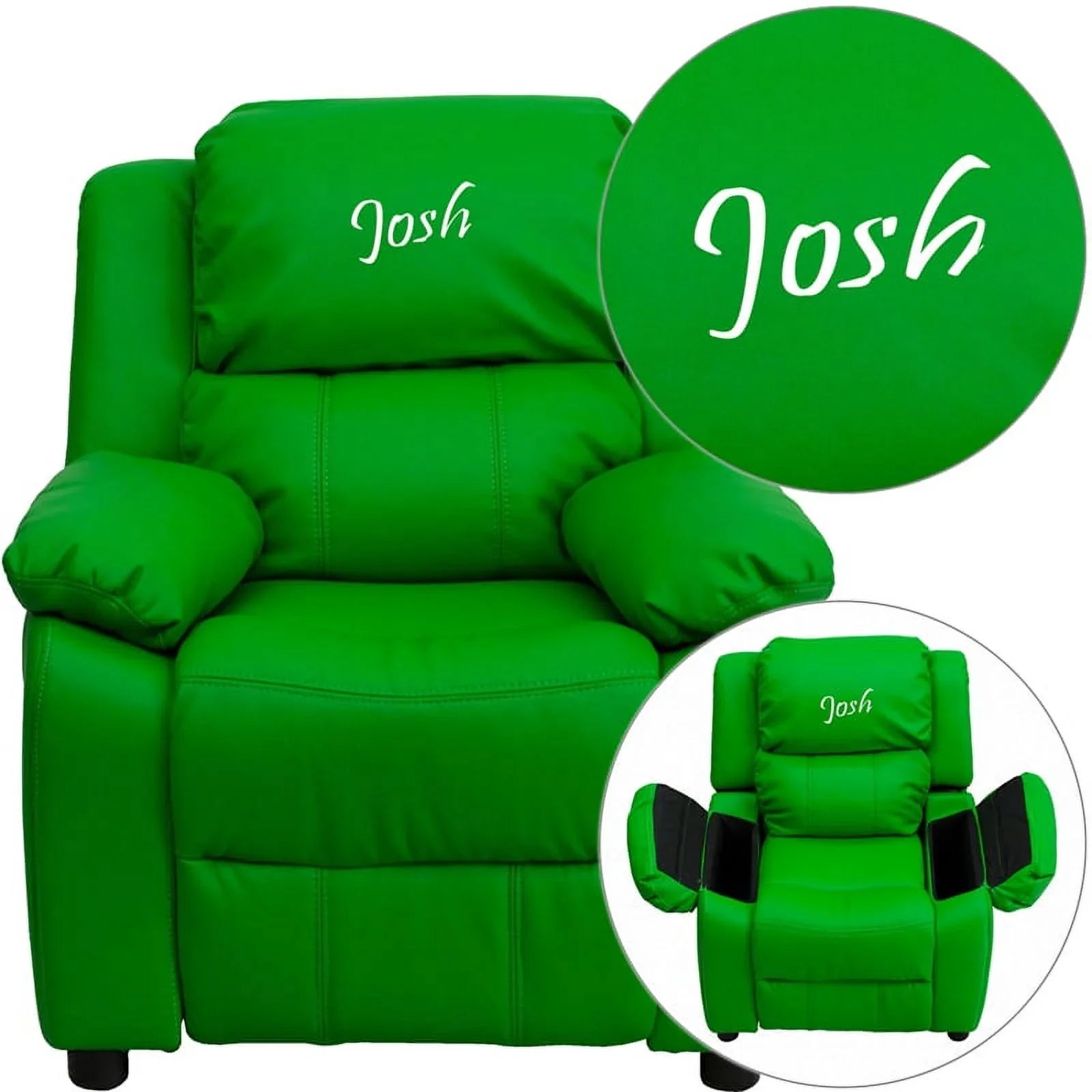 Personalized Deluxe Padded Green Vinyl Kids Chair with Sizetorage Arms