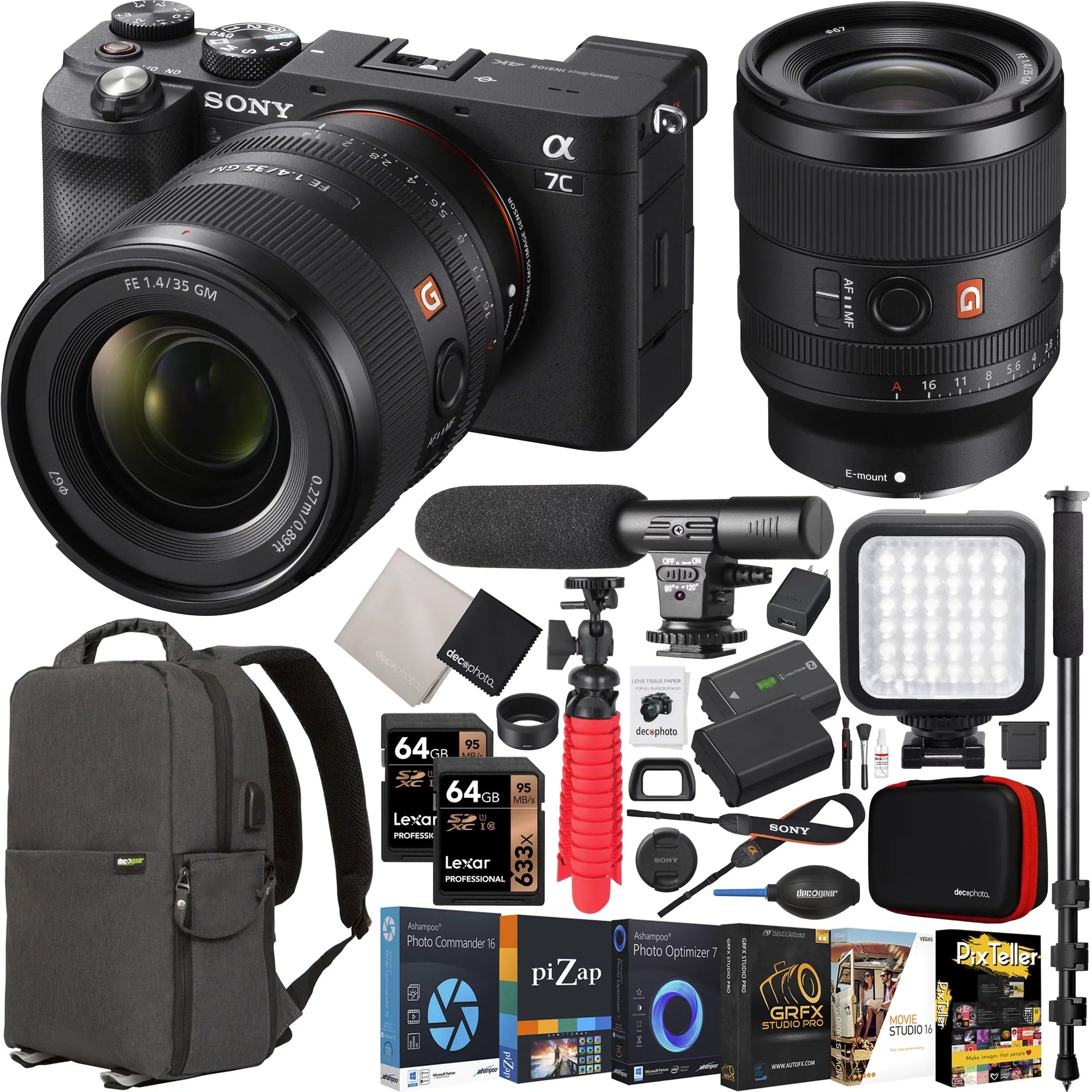 Sizeony a7C Mirrorless Full Frame Camera Body + Sizeony FE 35mm F1.4 GM G Master Lens SizeEL35F14GM Black ILCE7C/B Bundle with Deco Gear Photography Backpack Case + Microphone + LED + Monopod and Accessories
