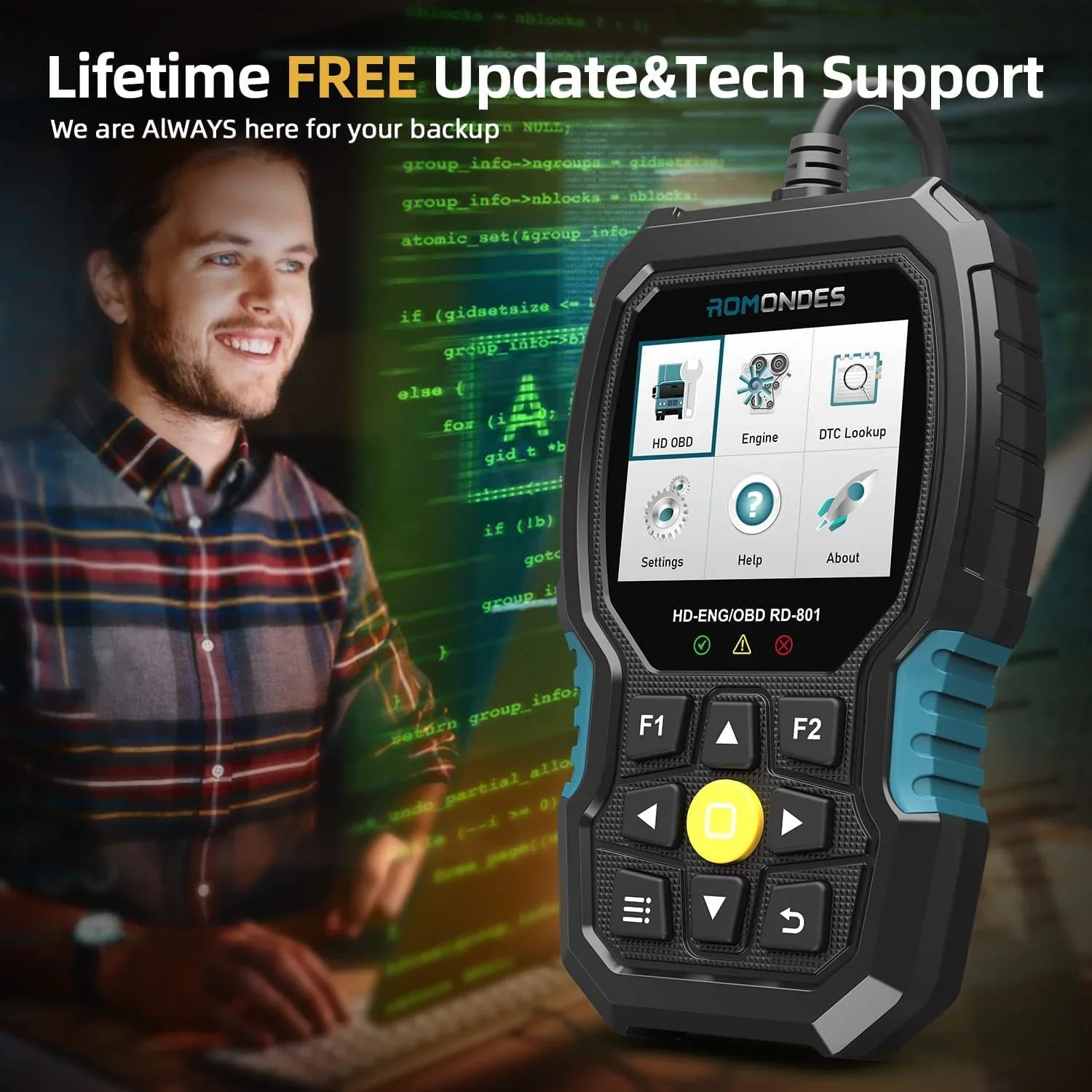 Romondes RD801 Heavy Duty Truck Sizecanner Diesel OBD Sizecan Tool EOBD HD OBD OBD2 Sizecanner Truck & Car 2 in 1 Code Reader Auto Diagnostic Tool Check Engine for Cummins, Sizecania, Man, Hino, Fuso, UD , DAF