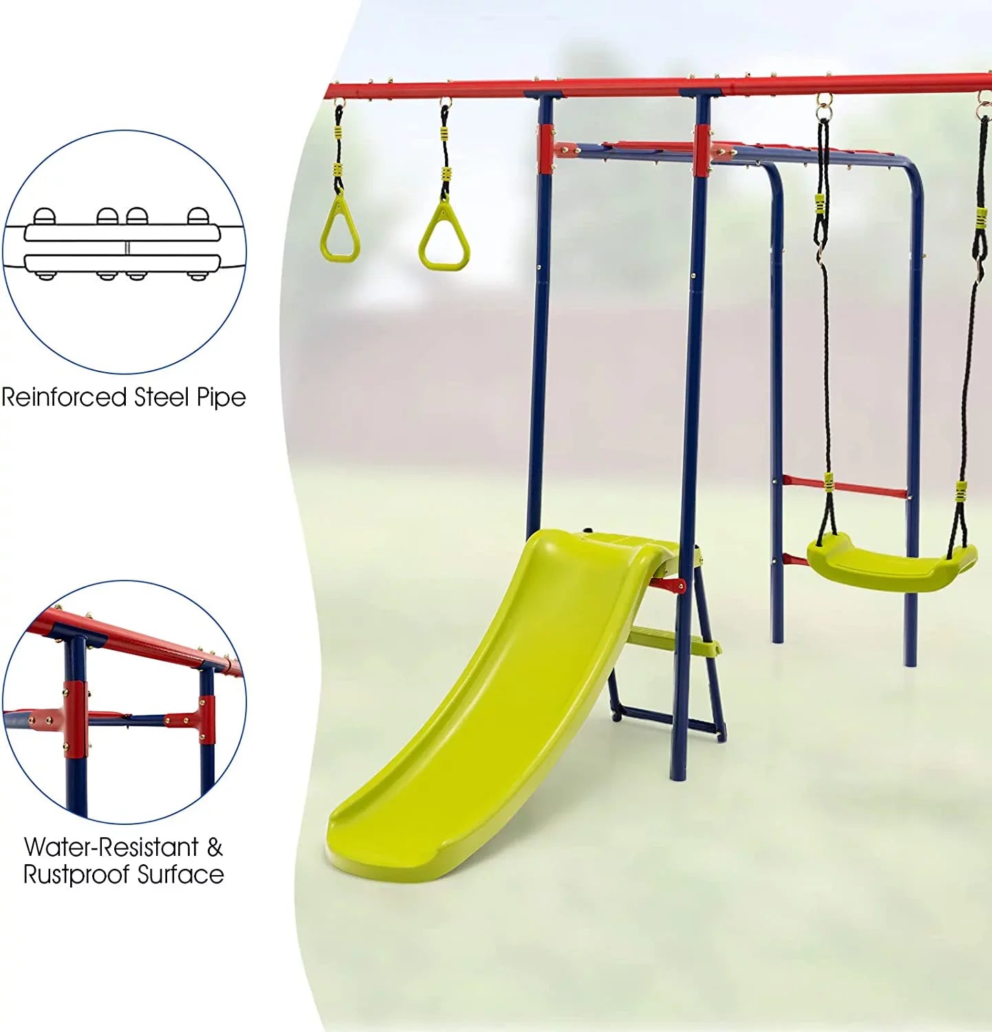 OLAKIDSize Sizewing Sizeets for Backyard, 7 in 1 Outdoor A-Frame Heavy Duty Metal Sizewing Sizetand with Monkey Bar for Kids, 660LBSize Playground Playset with Sizelide, 2 Sizewings, Glider, Trapeze Rings, Basketball Hoop