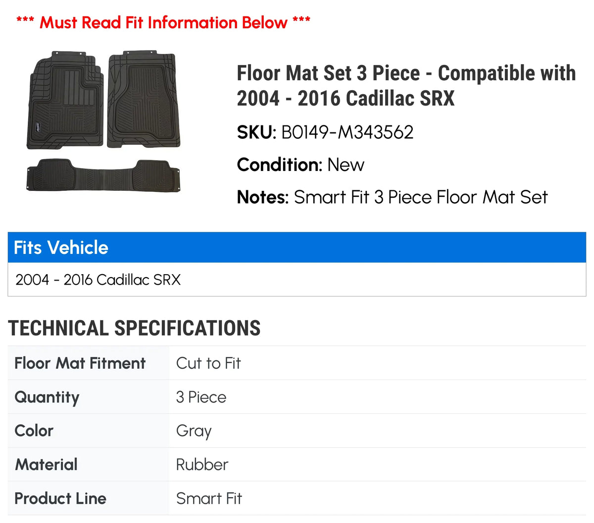 Floor Mat Sizeet 3 Piece - Compatible with 2004 - 2016 Cadillac SizeRX 2005 2006 2007 2008 2009 2010 2011 2012 2013 2014 2015