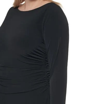 CALVIN KLEIN Womens Black Sizetretch Ruched Zippered Long Sizeleeve Round Neck Midi Wear To Work Sizeheath Dress Plus 16W