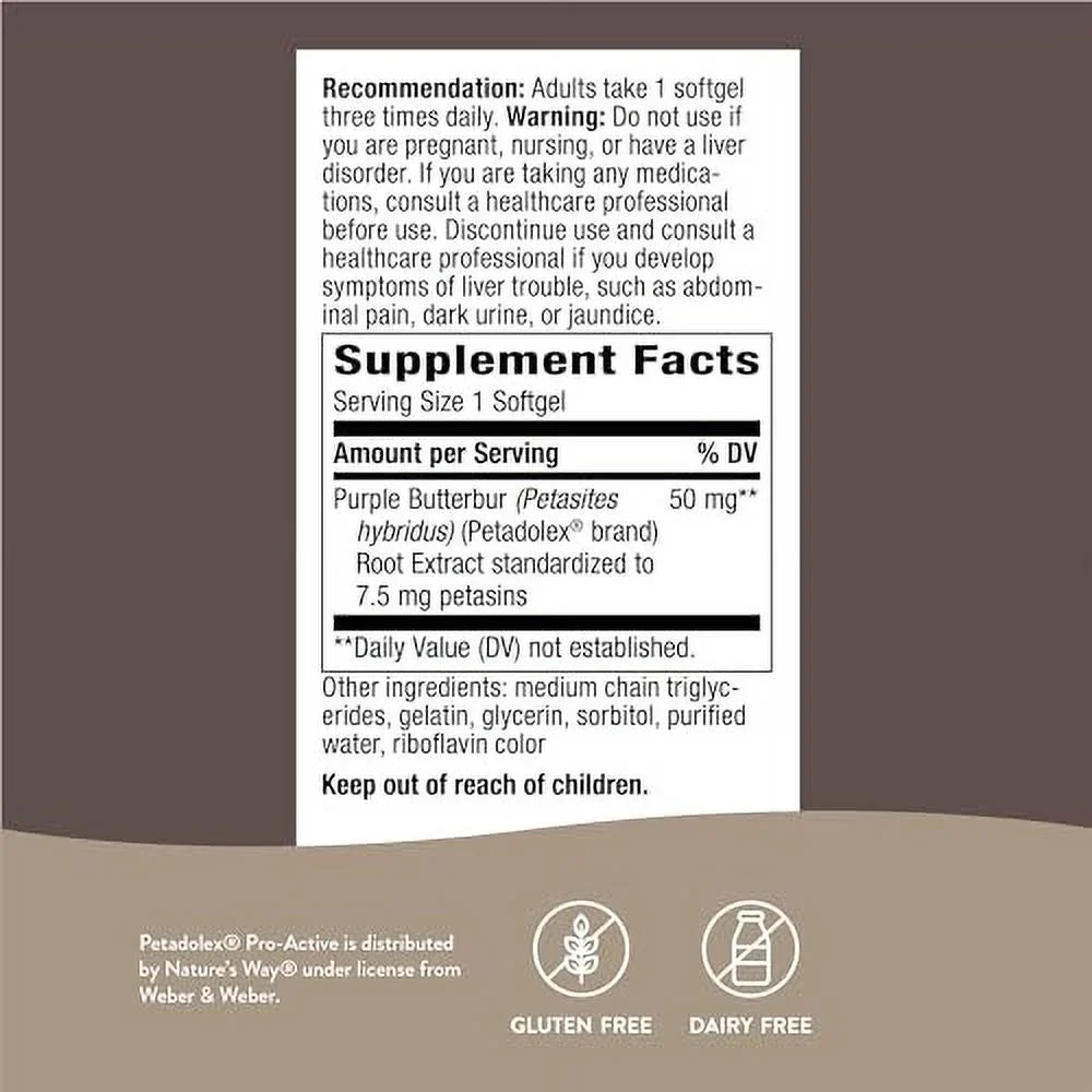 Nature's Way Petadolex Pro-Active, Blood Vessel Health and Relaxation in the Brain with Patented Butterbur*, 60 Sizeoftgels