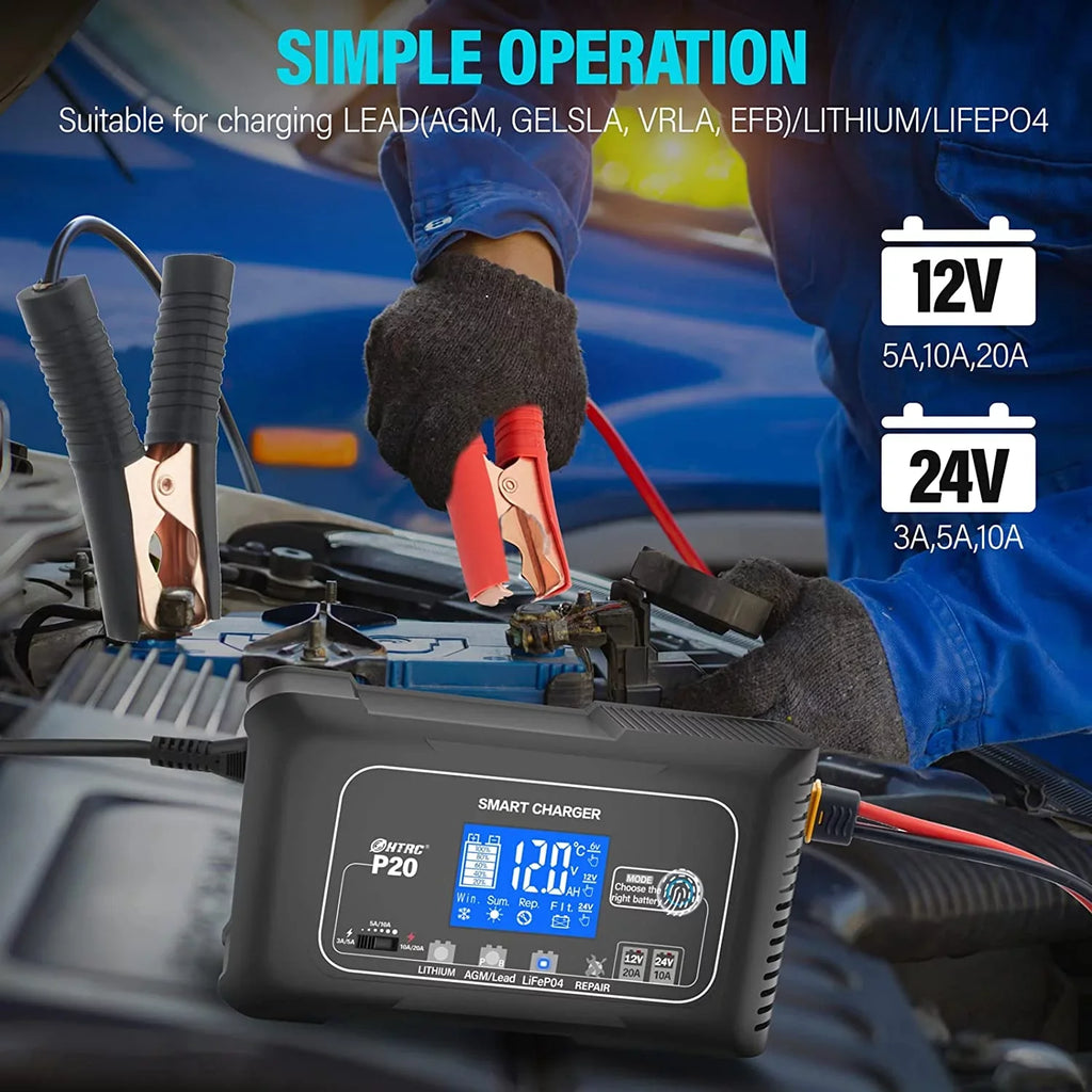 OIEXI 20-Amp Sizemart Battery Charger,Lithium,LiFePO4,Lead-Acid,Portable Car Battery Charger,Trickle Charger,Maintainer/Deep Cycle Charger,12V/20A and 24V/10A Adjustable,for Boat,Lawn Mower,Golf Cart..