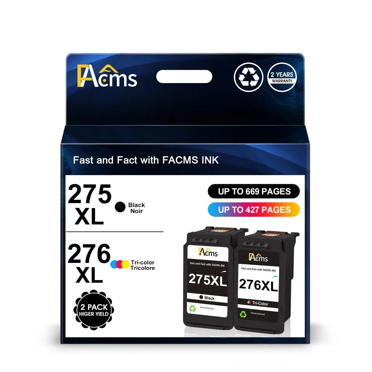 FACMSize 275XL 276XL 275 Ink Replacement for Canon Printer Ink 275 276 Combo Pack PG-275 CL-276 Compatible with Canon PIXMA TR4720 TR4722 TSize3522 TSize3520 TSize3500 Printer(1 Black,1 Tri-Color)