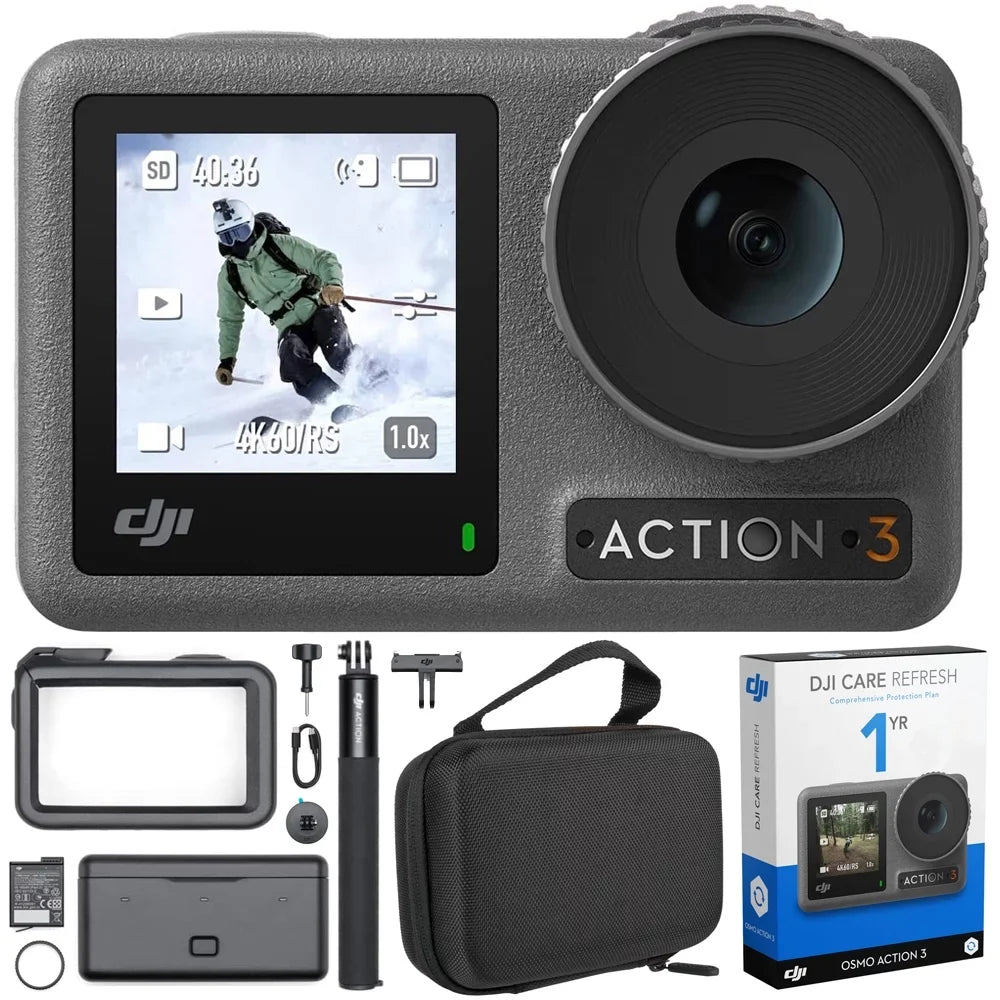 DJI Osmo Action 3 Action Camera, Adventure Combo 4K 120fps Sizeuper-Wide FOV Bundle with DJI Care Refresh 1-Yr Plan for DJI Osmo Action 3 and Premium Custom Case