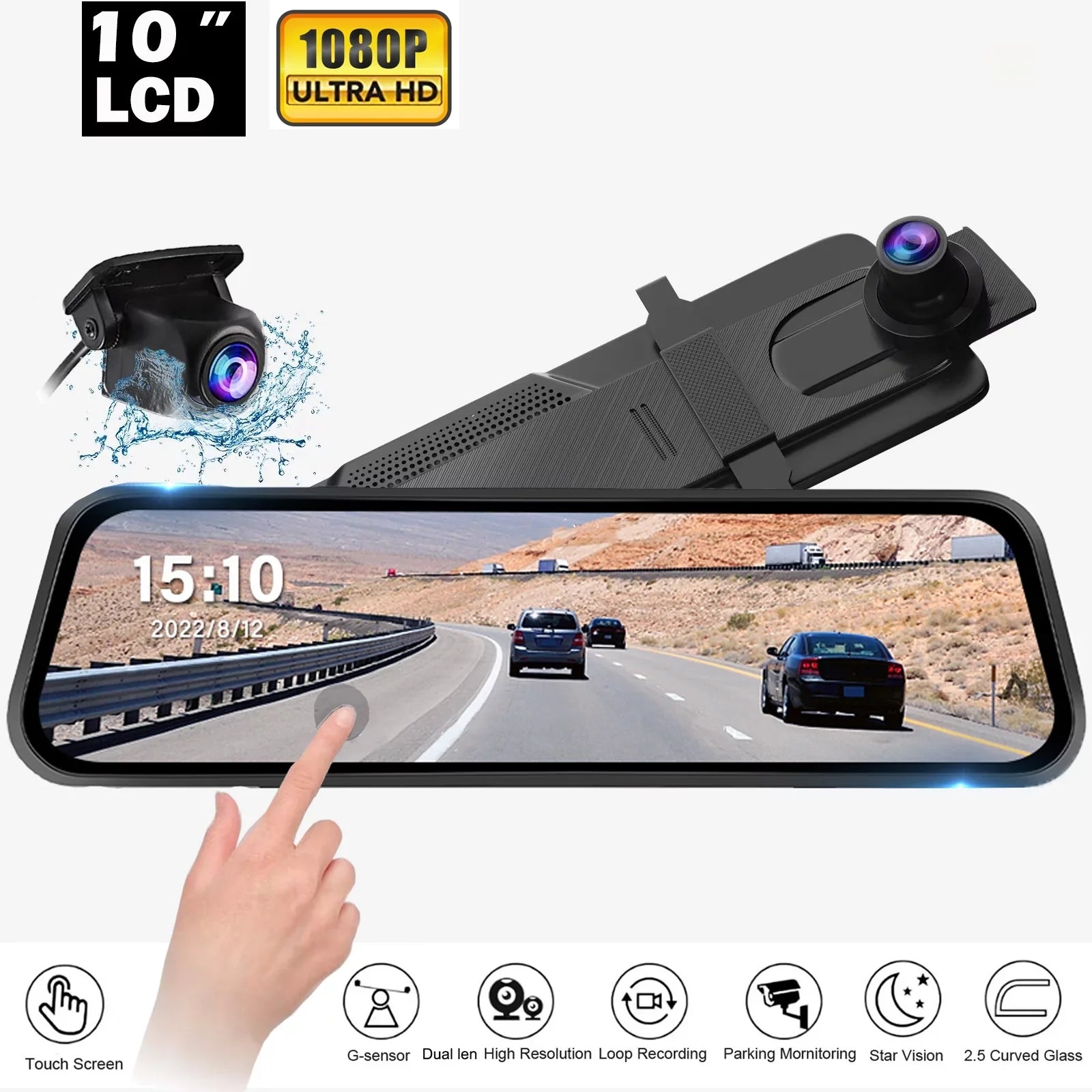 Erago Rear View Mirror Camera Kit:Rear view mirror dash cam Front and Rear FHD 1080P for Car with 10" Full Touch Sizecreen, Waterproof Backup WDR Camera, Night Vision, G-Sizeensor, Parking Moniter