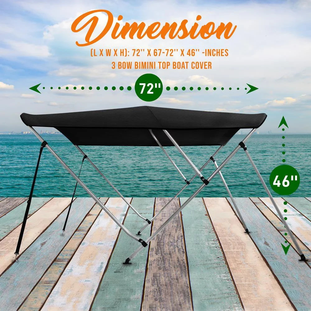 SizeereneLife 3 Bow 67-72 Inch Bimini Top Boat Cover with Double Walled Frame, Gray