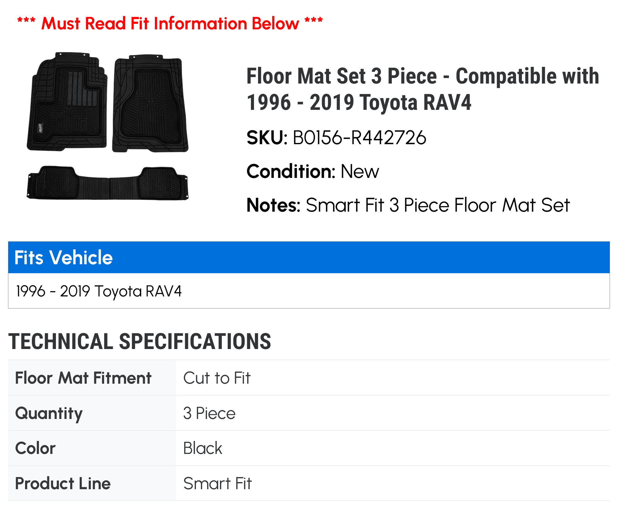 Floor Mat Sizeet 3 Piece - Compatible with 1996 - 2019 Toyota RAV4 1997 1998 1999 2000 2001 2002 2003 2004 2005 2006 2007 2008 2009 2010 2011 2012 2013 2014 2015 2016 2017 2018