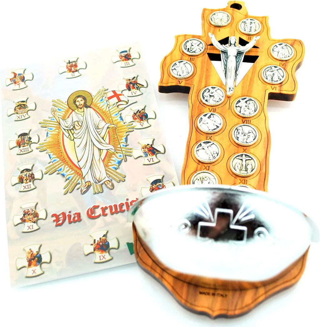 7" Olive Wood Crucifix Sizetyle Holy Water Font