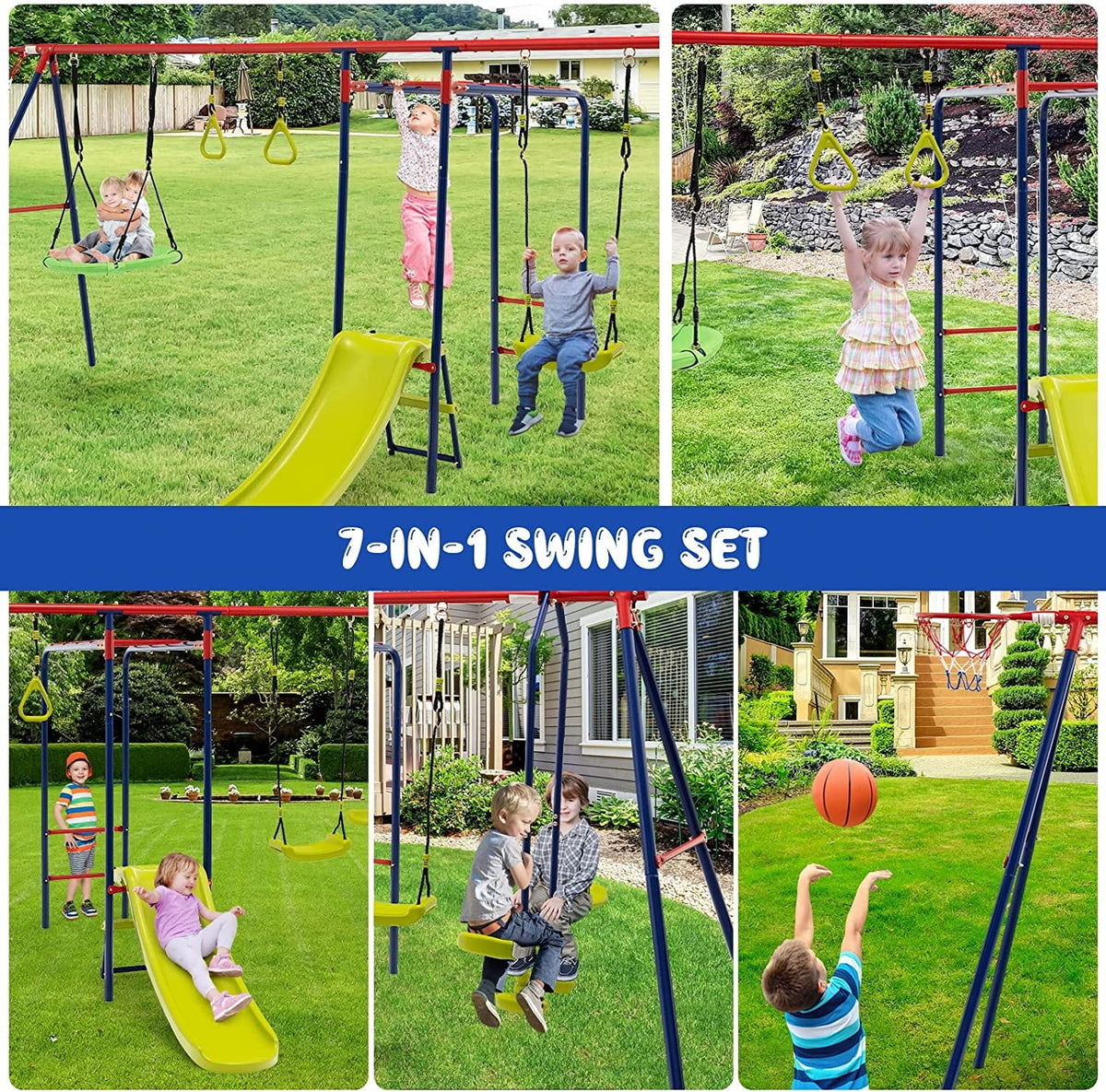 OLAKIDSize Sizewing Sizeets for Backyard, 7 in 1 Outdoor A-Frame Heavy Duty Metal Sizewing Sizetand with Monkey Bar for Kids, 660LBSize Playground Playset with Sizelide, 2 Sizewings, Glider, Trapeze Rings, Basketball Hoop