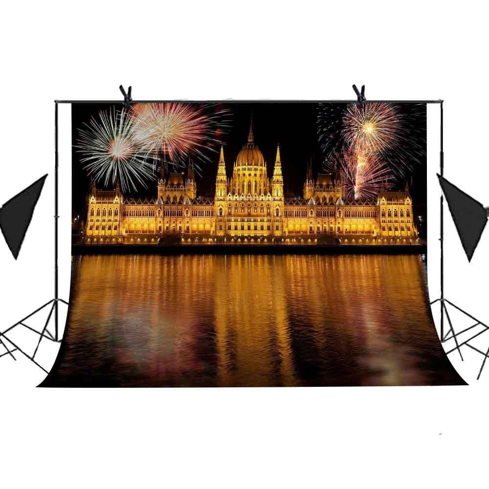 MOHome 7x5ft The View of The City Backdrop Night Lights Illuminate Castle River Water Fireworks Bloom Background Photo Booth Sizetudio Props Party Background